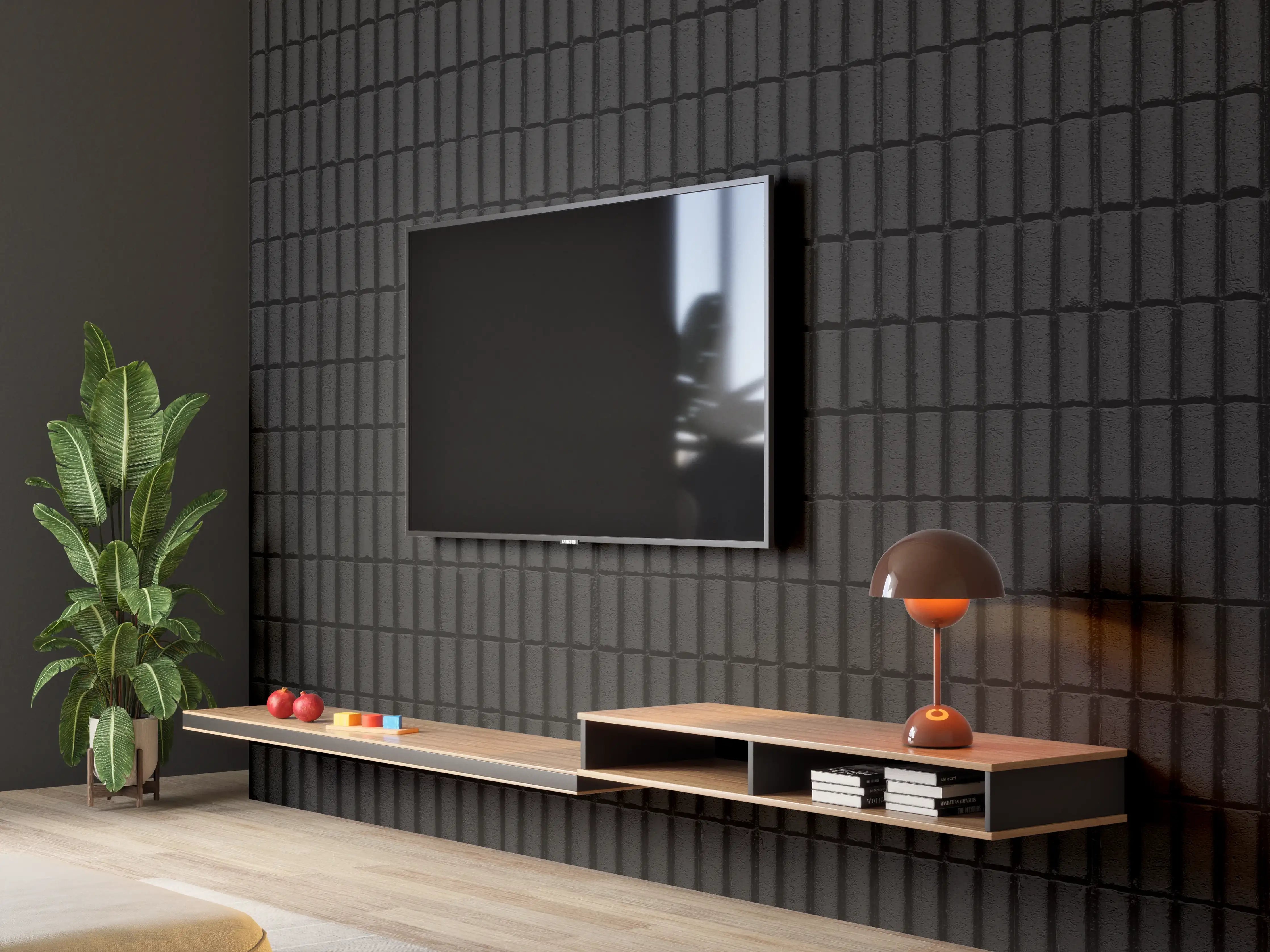 Wandverkleidung Wohnzimmer - Schwarze geometrische Ziegeln