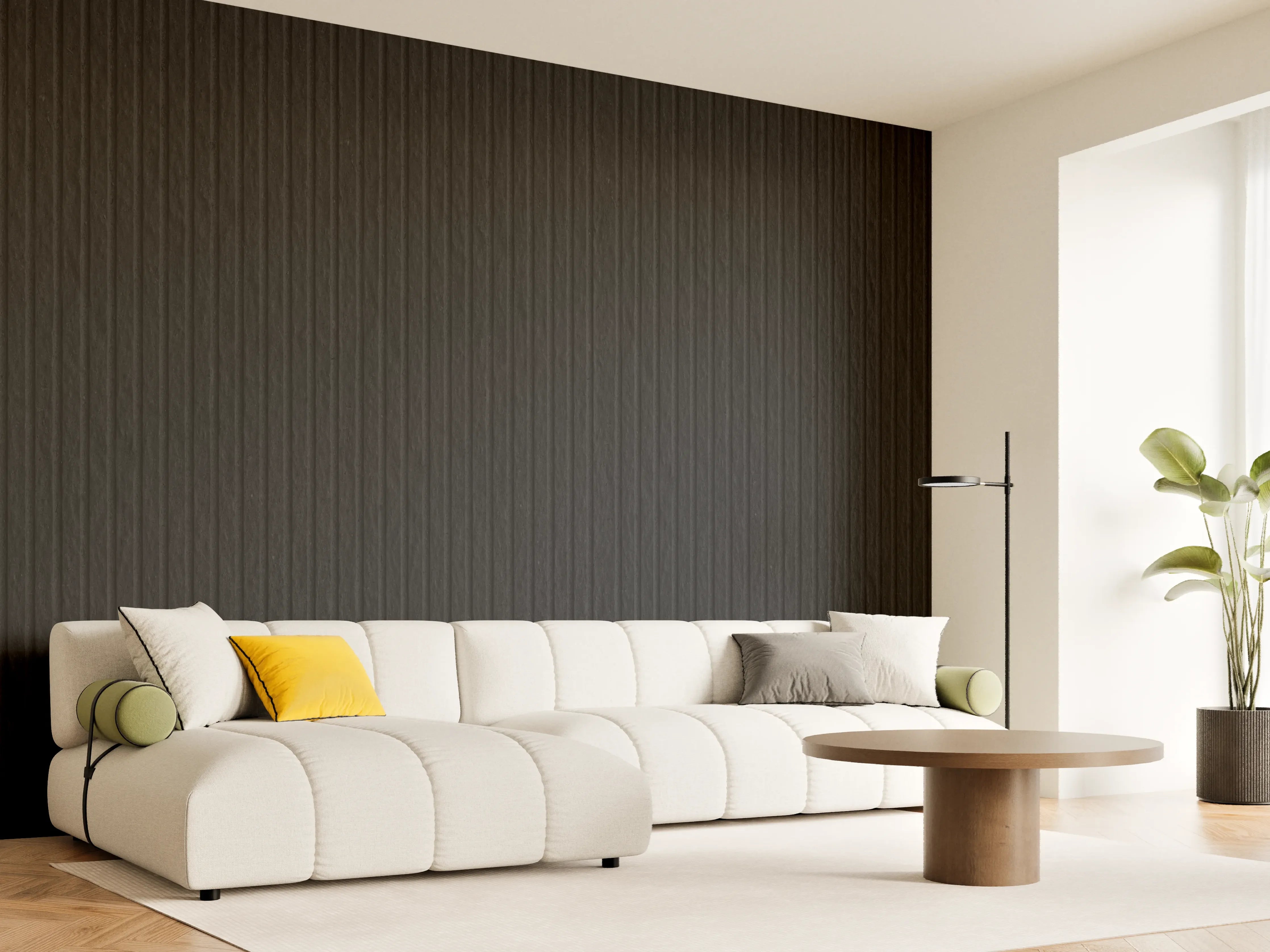 Wandverkleidung Wohnzimmer - Schwarze moderne Zementwand mit Linien Muster