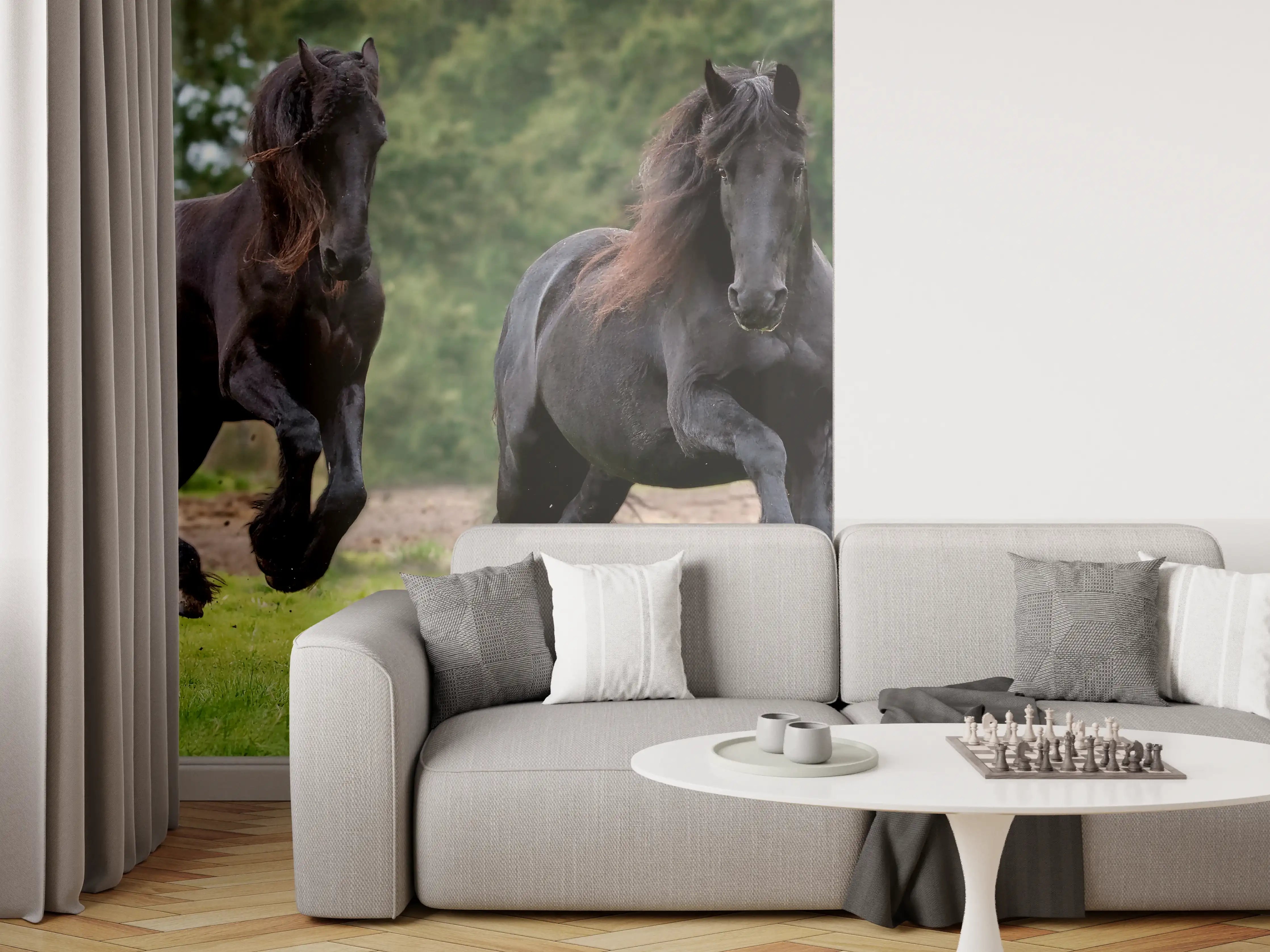 Wandverkleidung Wohnzimmer - Schwarze prächtige Friesenpferde