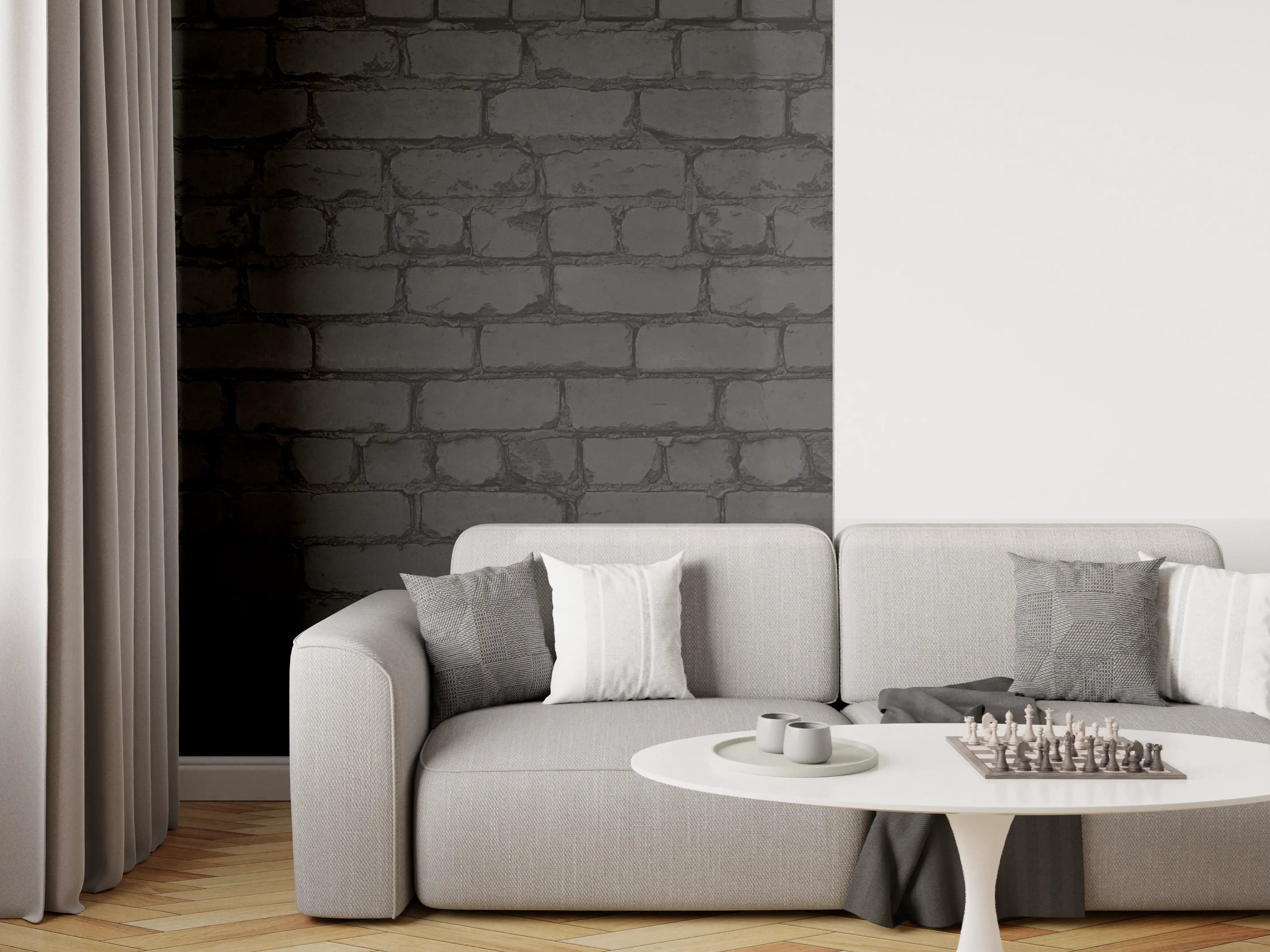 Wandverkleidung Wohnzimmer - Schwarze raue Backsteinmauer