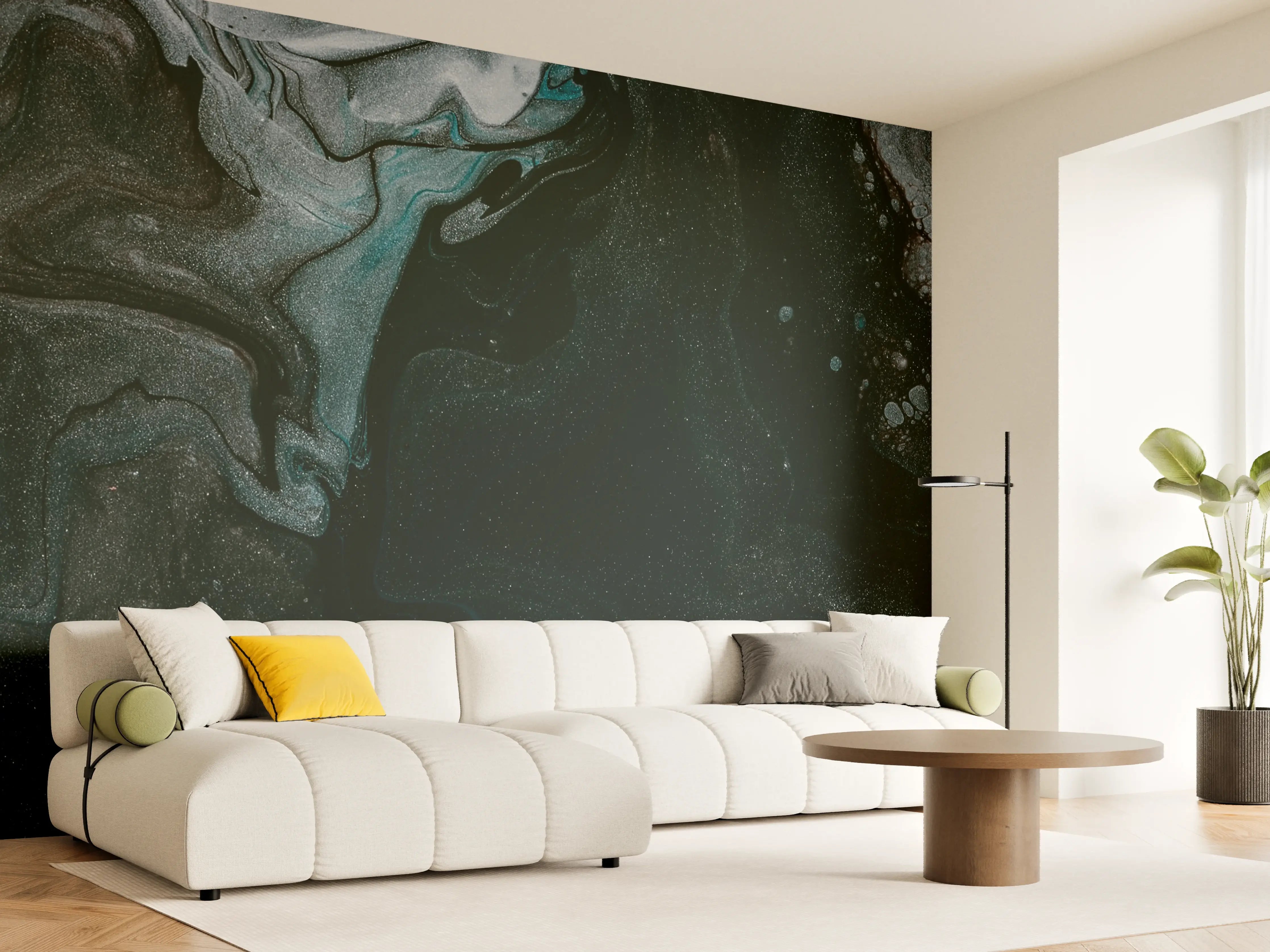 Wandverkleidung Wohnzimmer - Schwarze und graue Fluid-Art-Textur