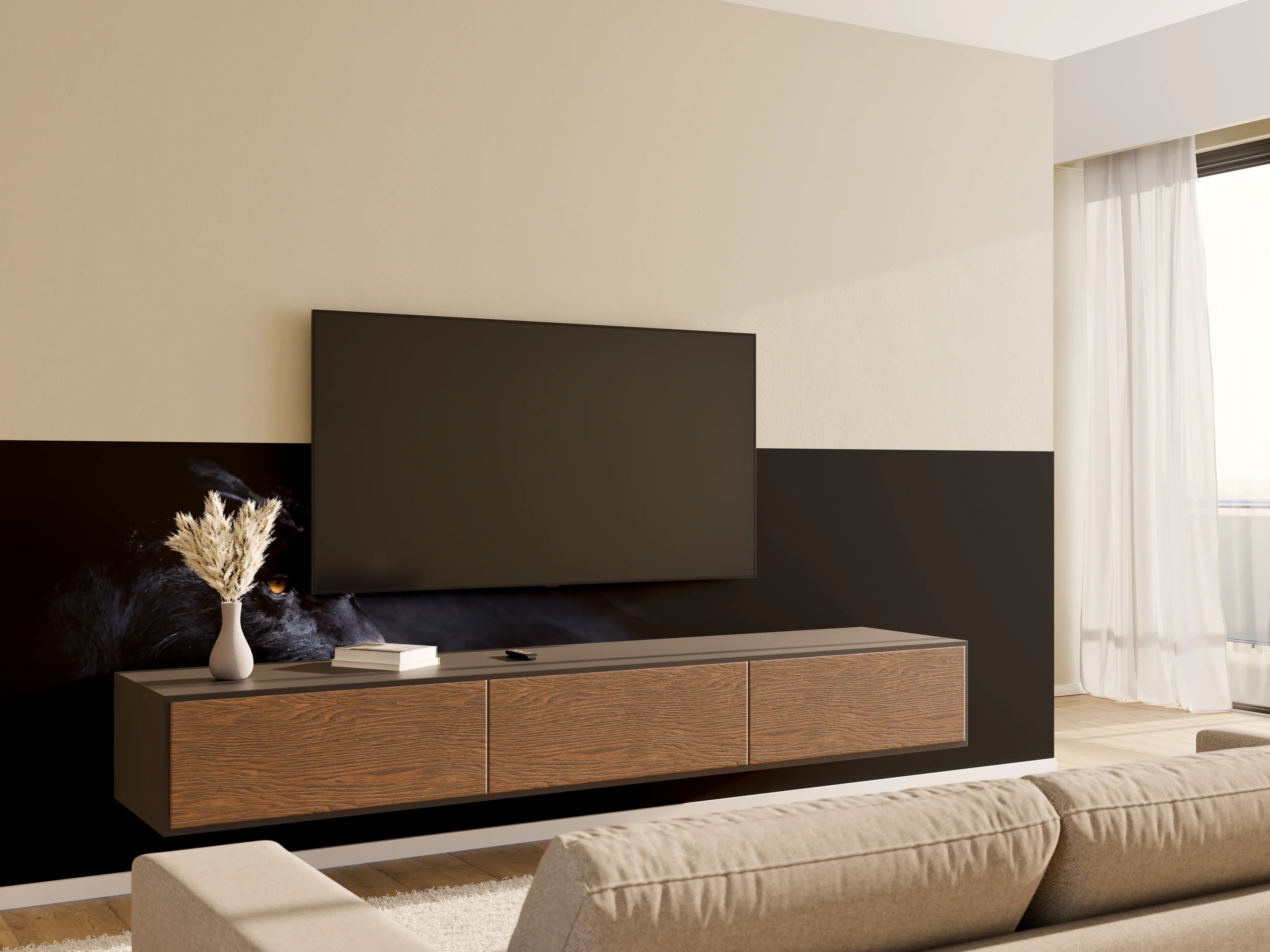 Wandverkleidung Wohnzimmer - Schwarzen Panther mit schwarzem Hintergrund