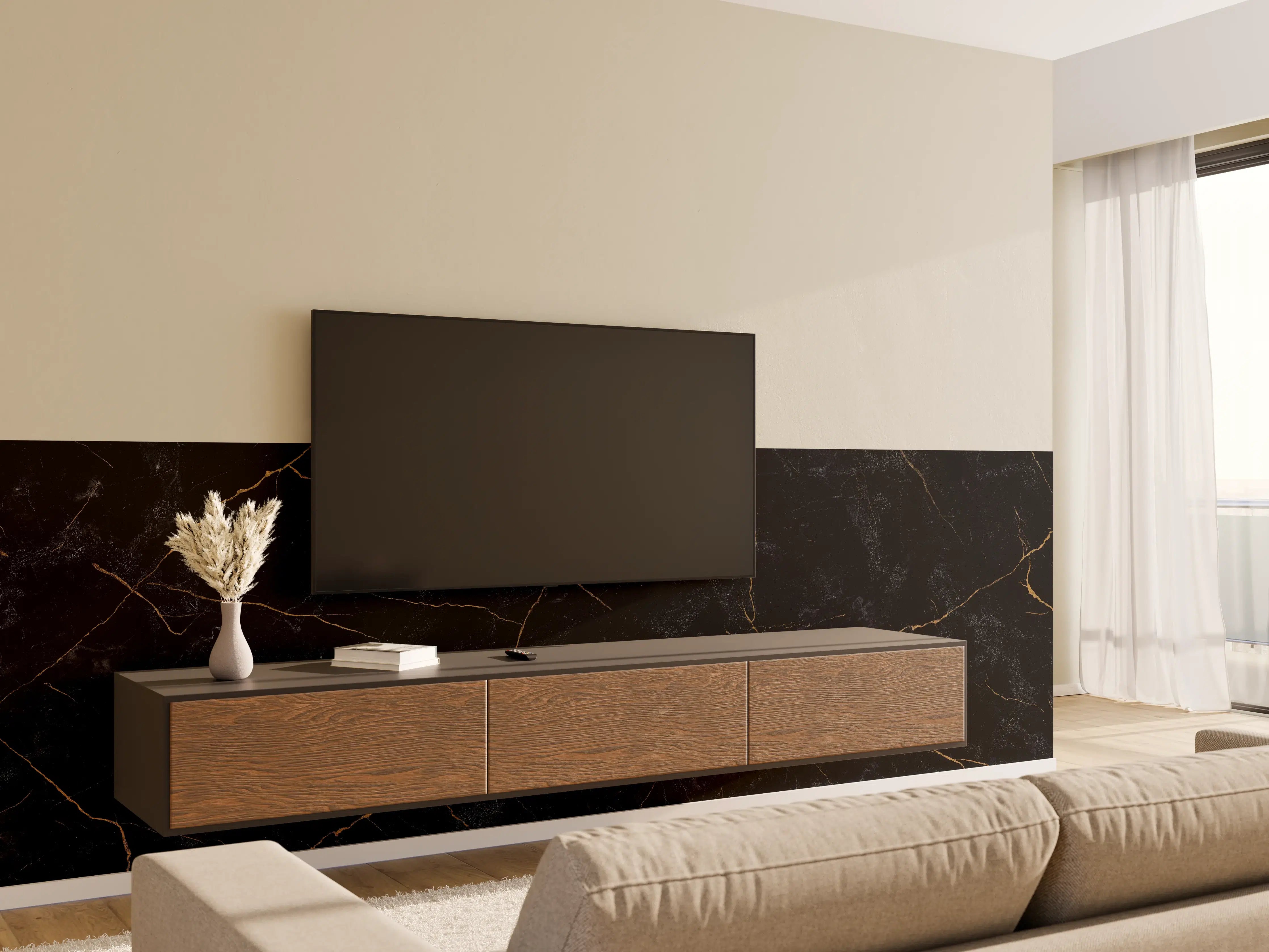 Wandverkleidung Wohnzimmer - Schwarzer Marmor mit dünnen goldenen Adern