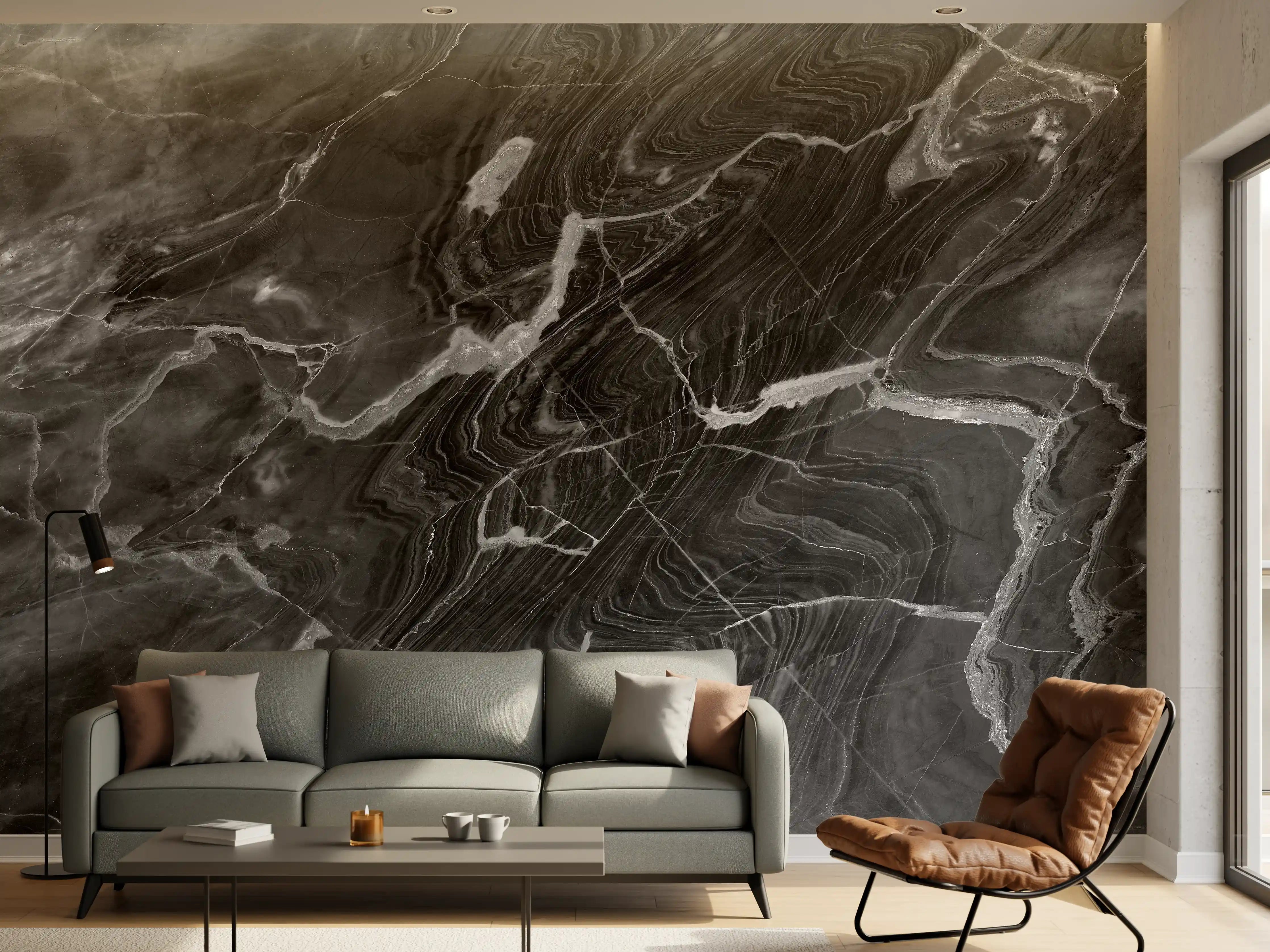 Wandverkleidung Wohnzimmer - Schwarzer Marmor mit weißen Adern