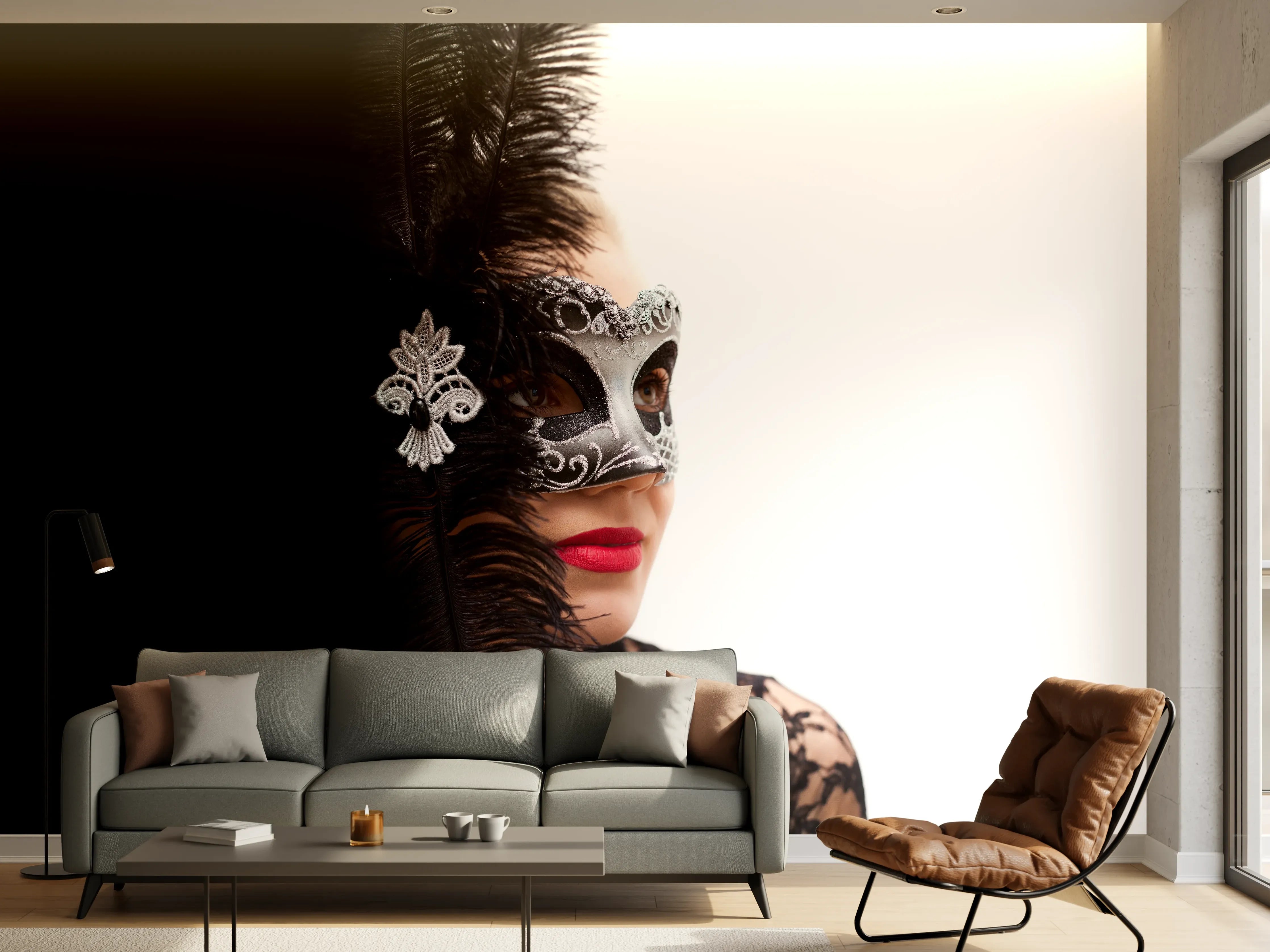Wandverkleidung Wohnzimmer - Schwarzer Schwan Frau mit Maske 