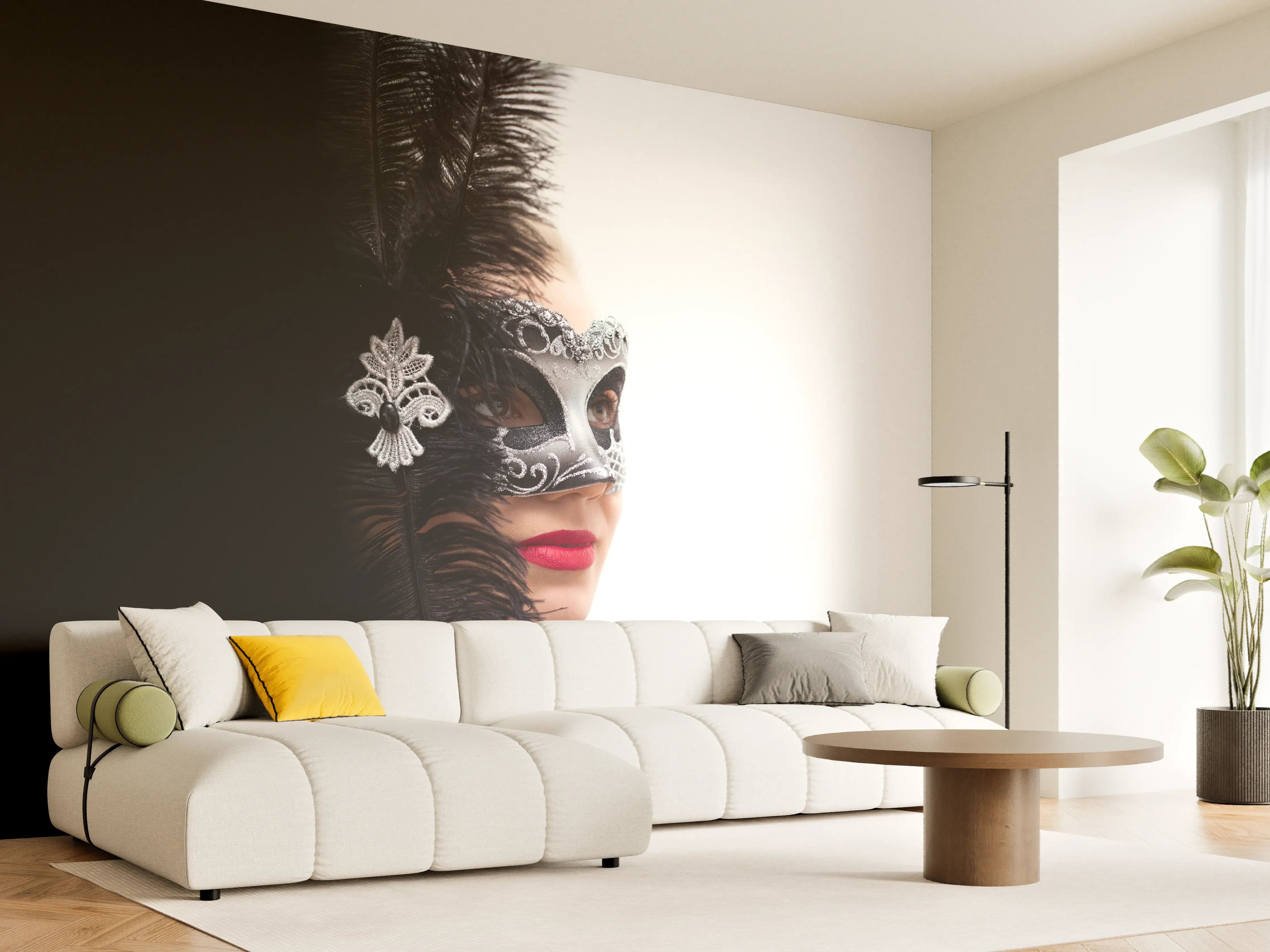 Wandverkleidung Wohnzimmer - Schwarzer Schwan Frau mit Maske 
