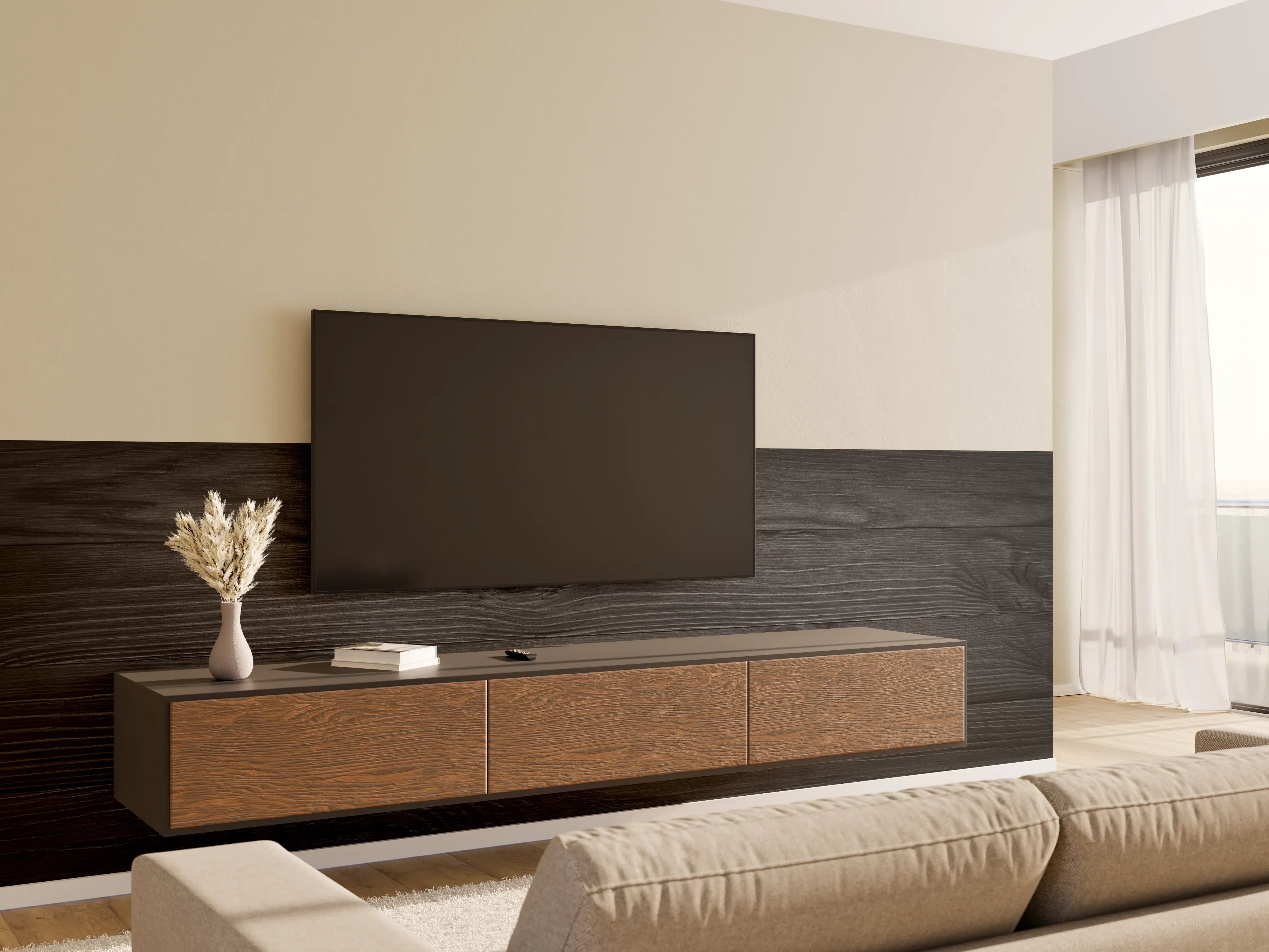 Wandverkleidung Wohnzimmer - Schwarzes Holz mit sichtbaren Maserungen