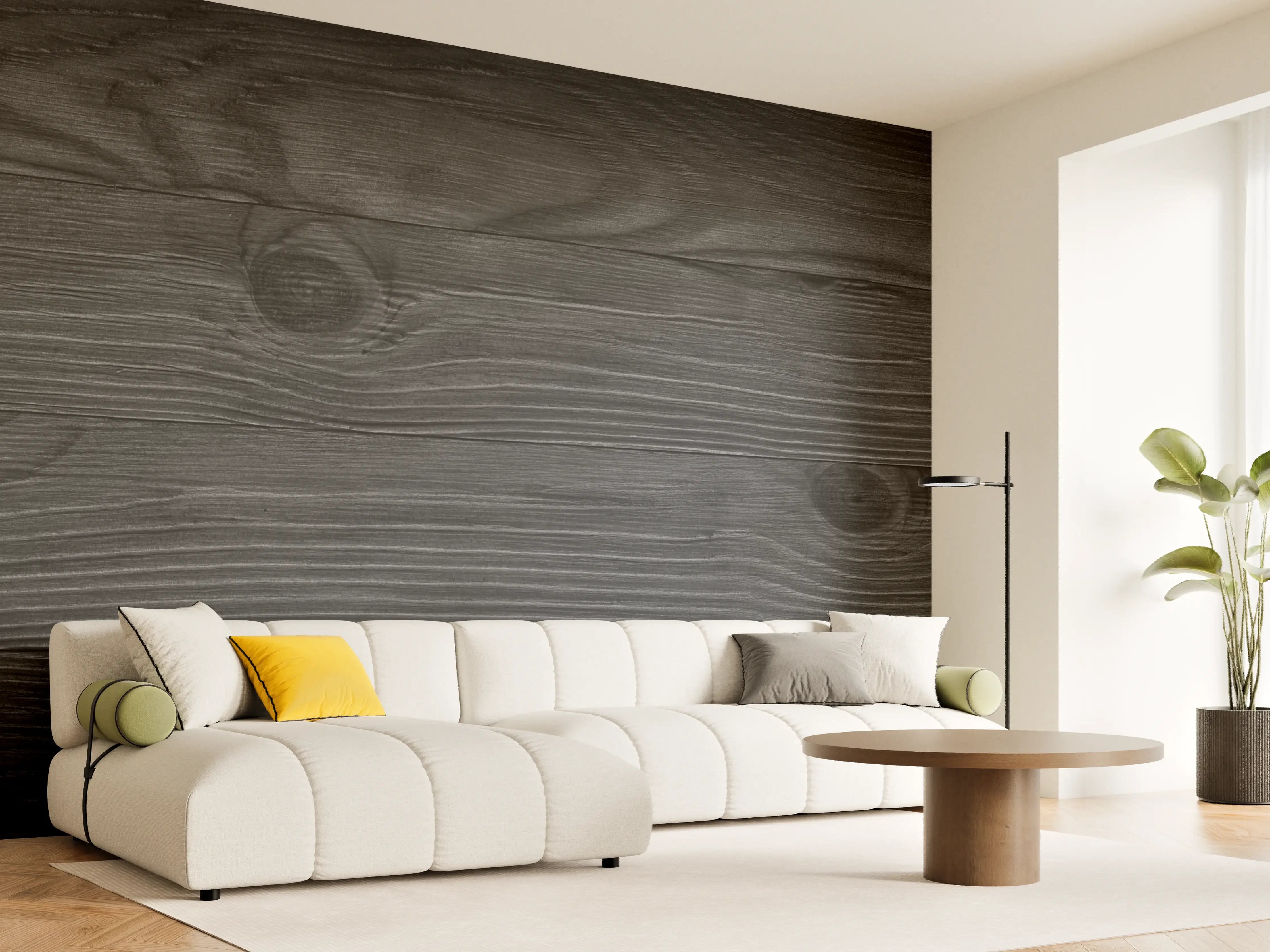 Wandverkleidung Wohnzimmer - Schwarzes Holz mit sichtbaren Maserungen