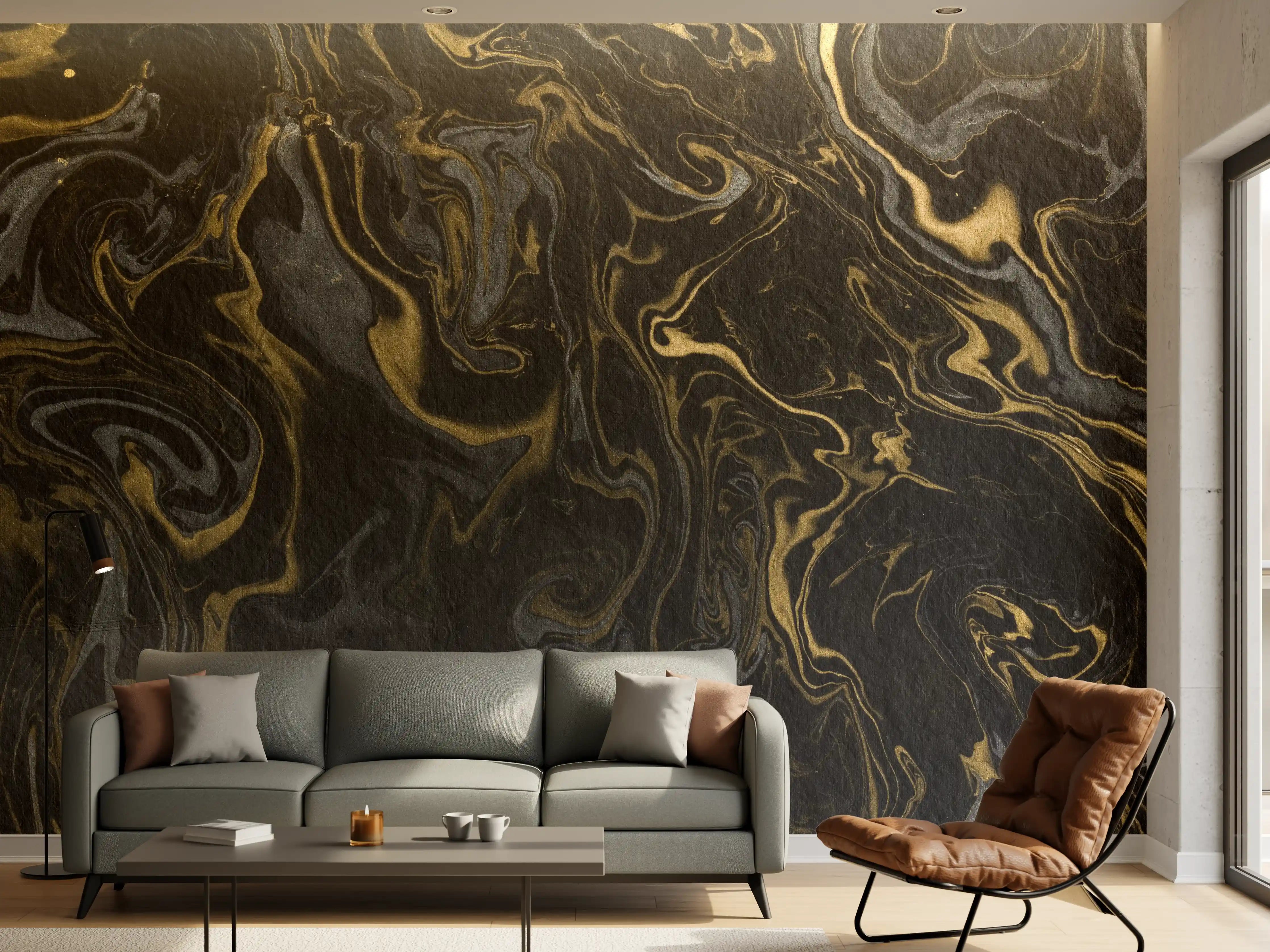 Wandverkleidung Wohnzimmer - Schwarzes Marmor-Design mit goldenen Akzenten