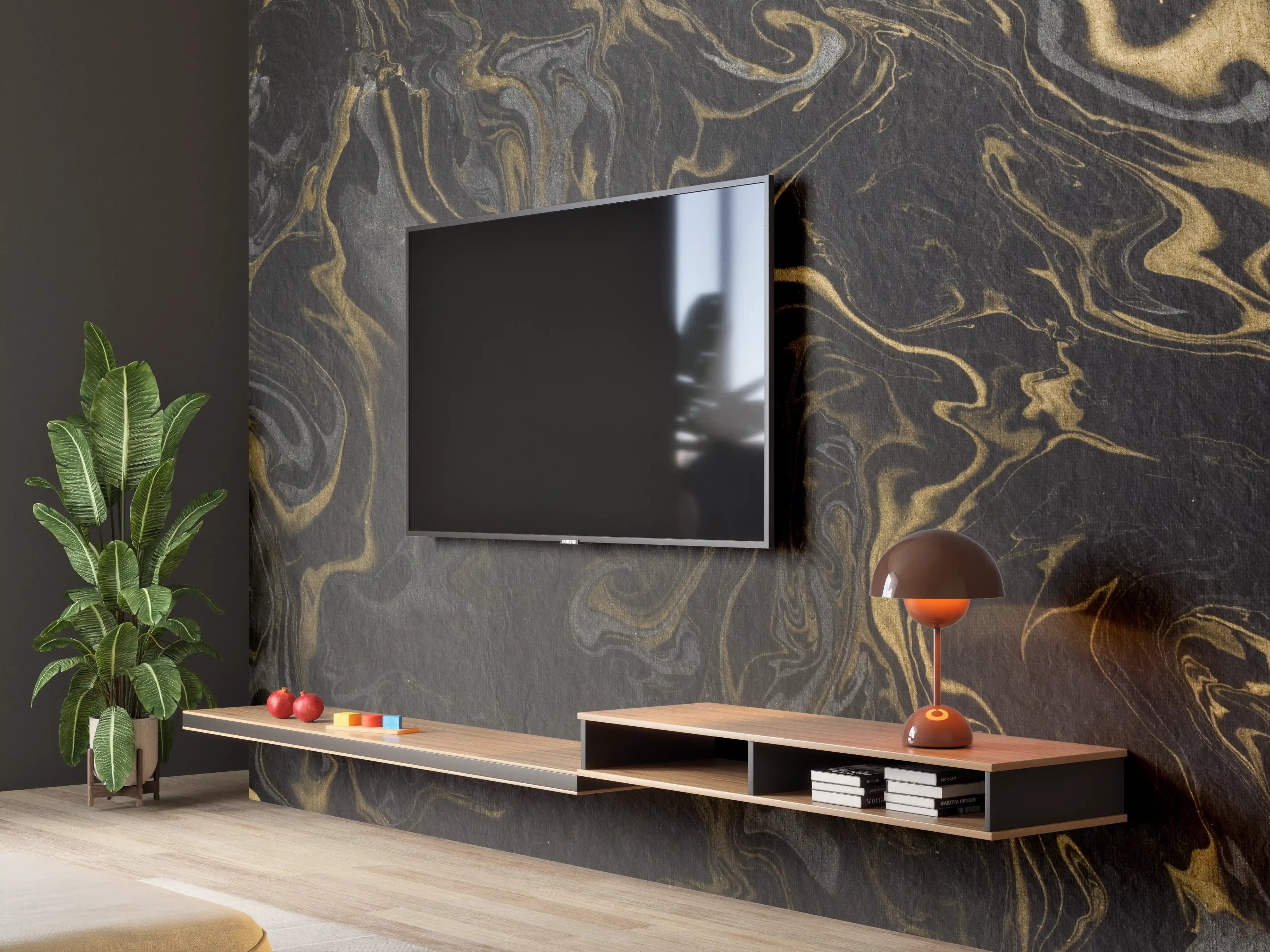 Wandverkleidung Wohnzimmer - Schwarzes Marmor-Design mit goldenen Akzenten