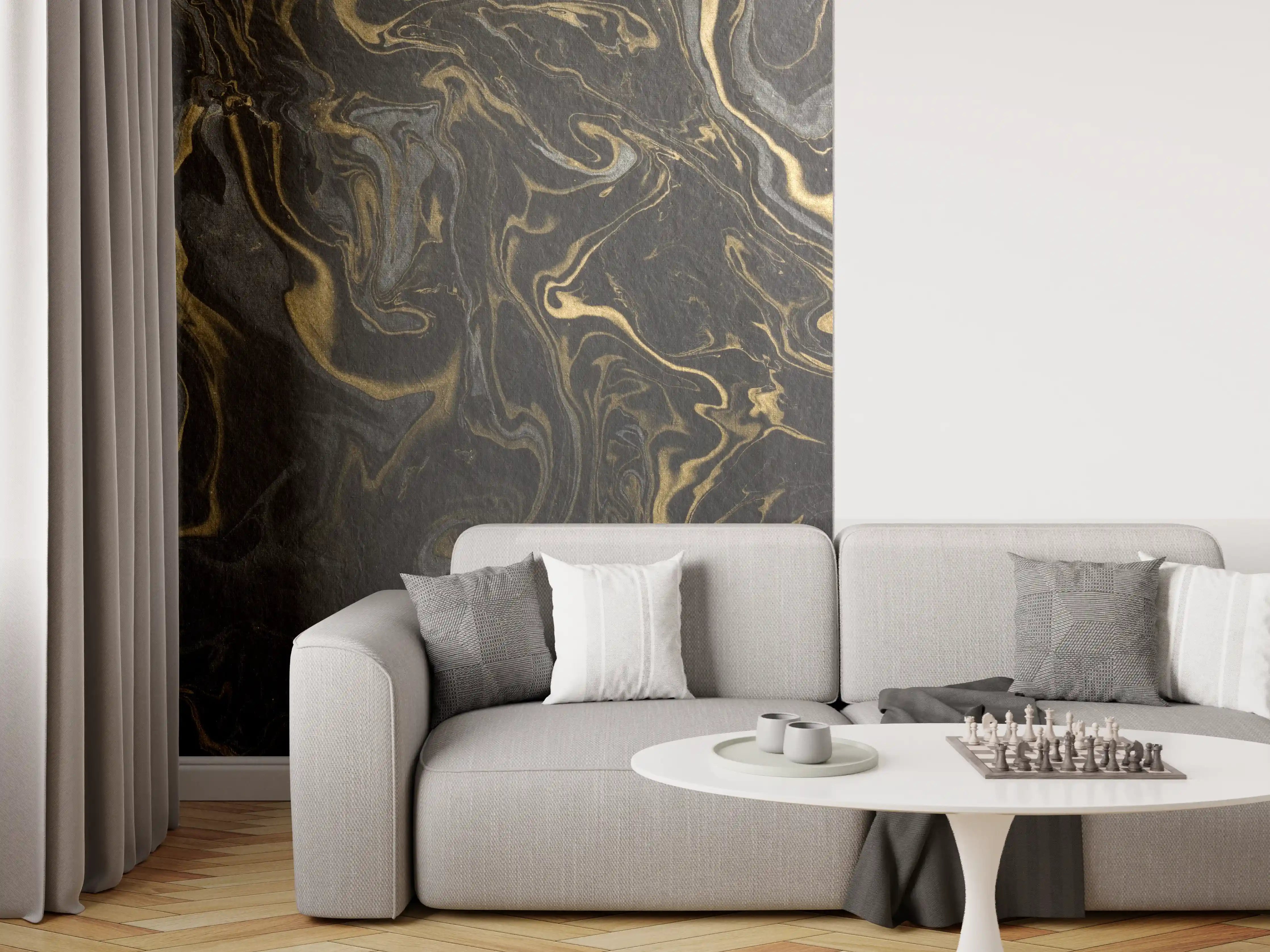 Wandverkleidung Wohnzimmer - Schwarzes Marmor-Design mit goldenen Akzenten