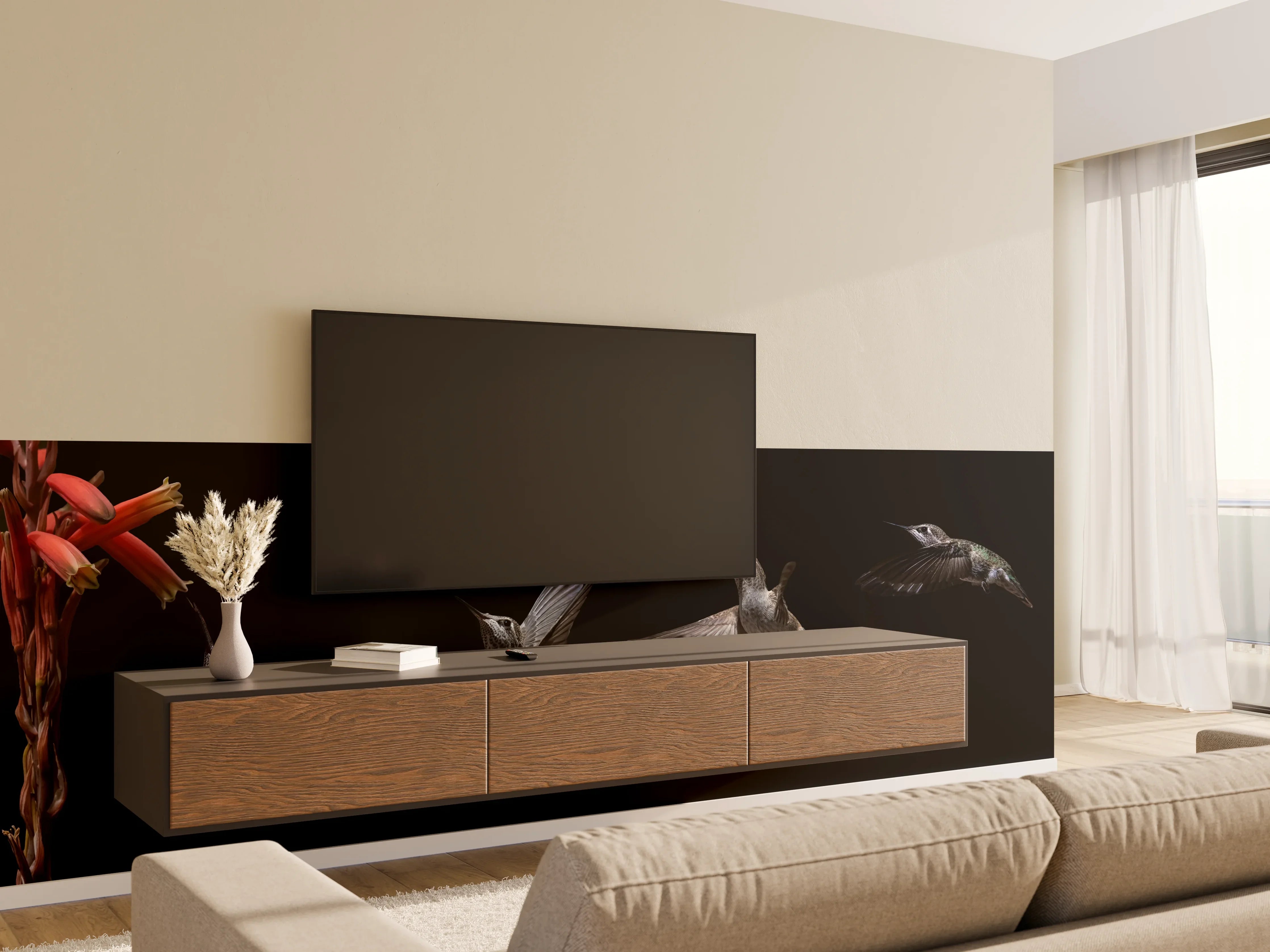 Wandverkleidung Wohnzimmer - Schwarzkinnkolibri Vogel mit Schwarzem Hintergrund