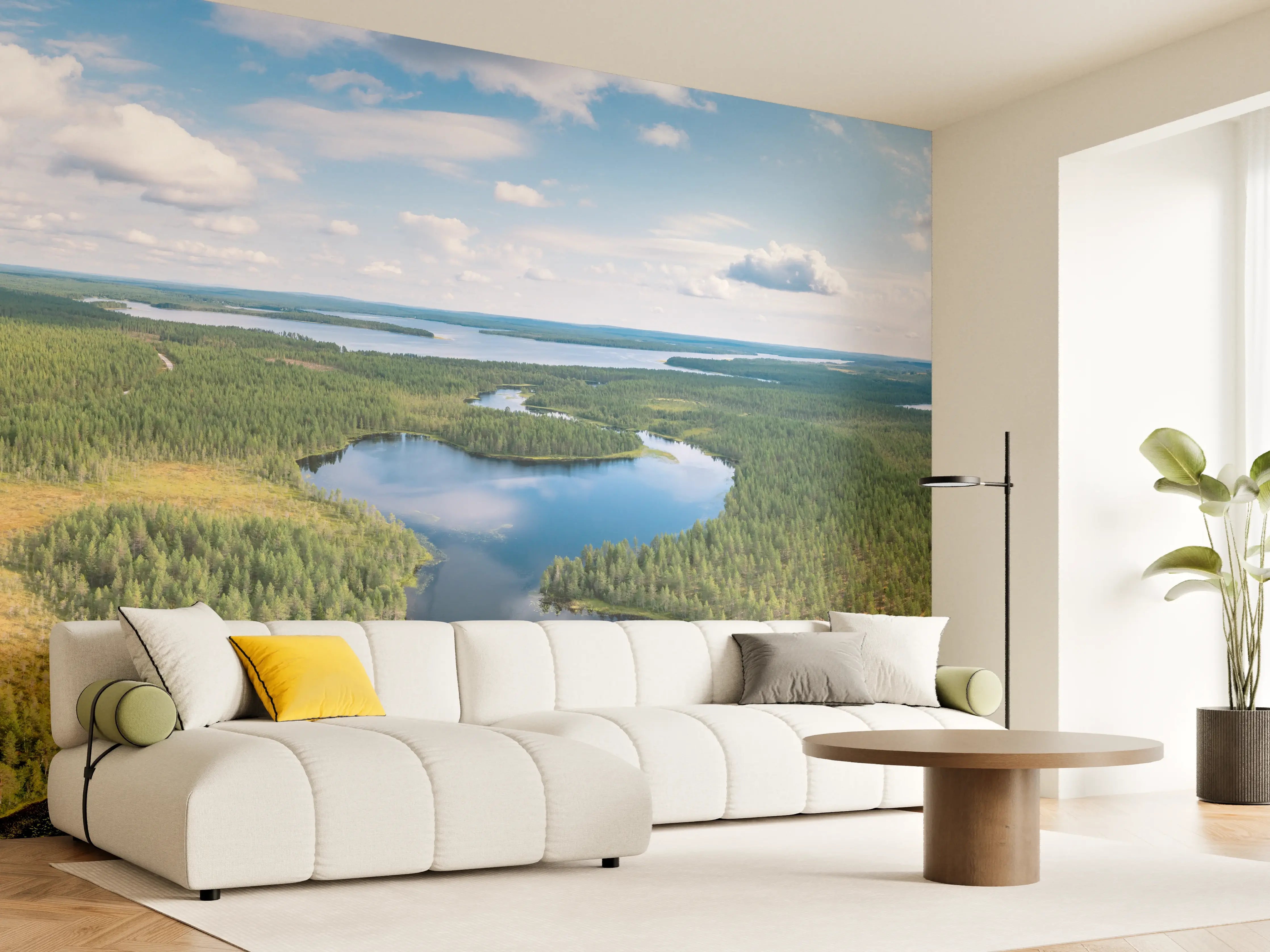 Wandverkleidung Wohnzimmer - Schwedische Seenlandschaft Luftaufnahme