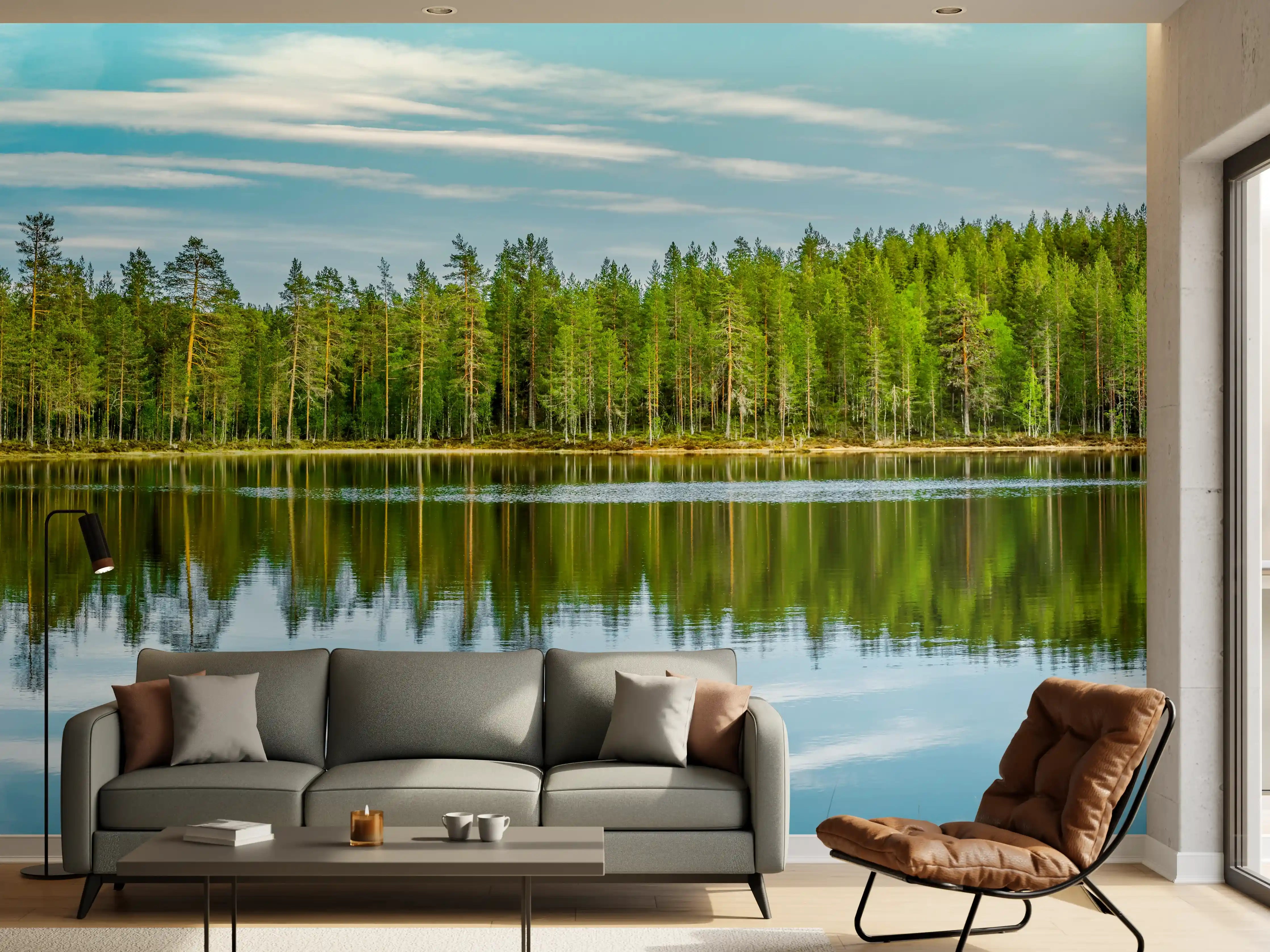 Wandverkleidung Wohnzimmer - Schwedisches See-Panorama Grün-Blau