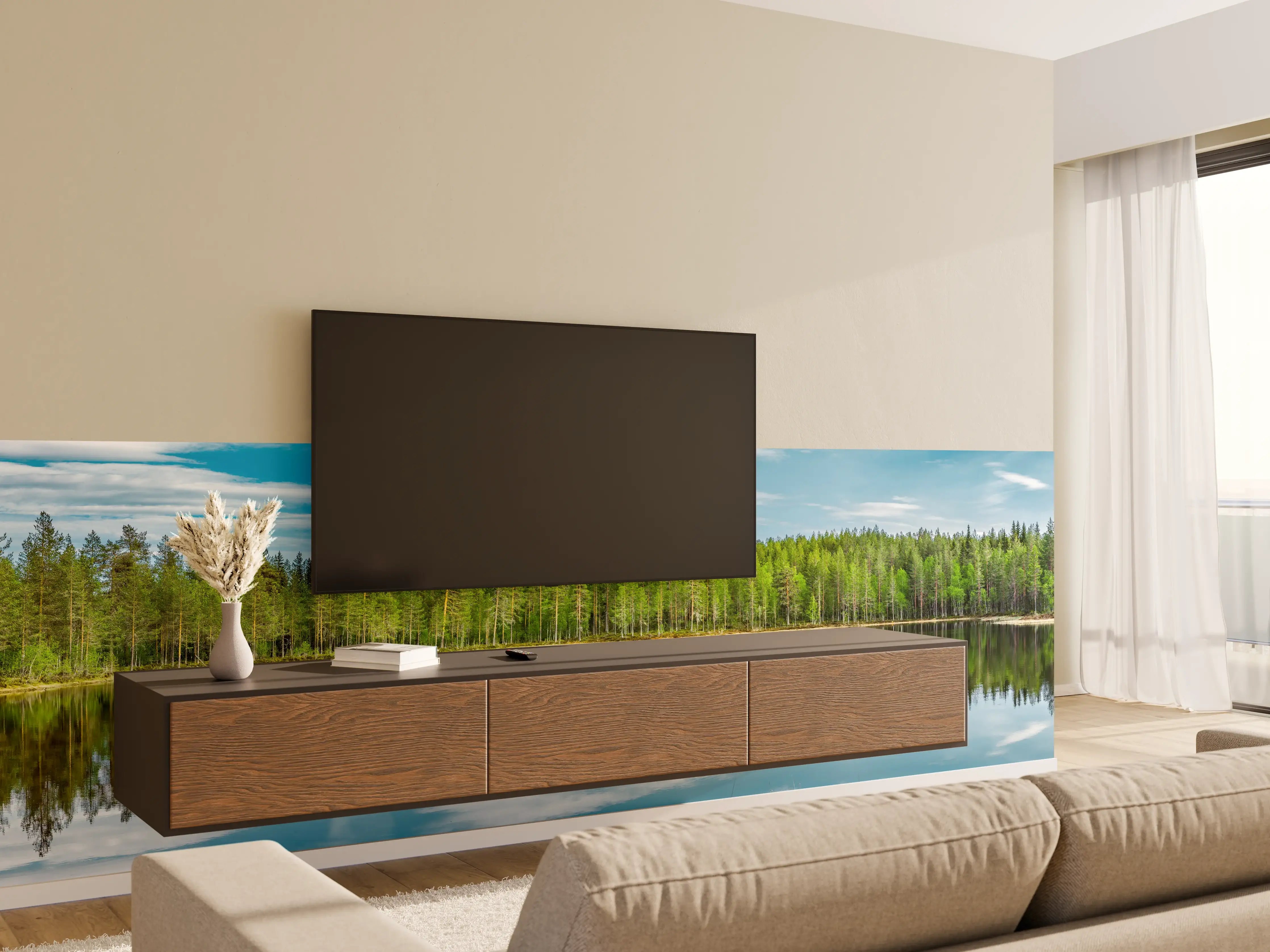 Wandverkleidung Wohnzimmer - Schwedisches See-Panorama Grün-Blau