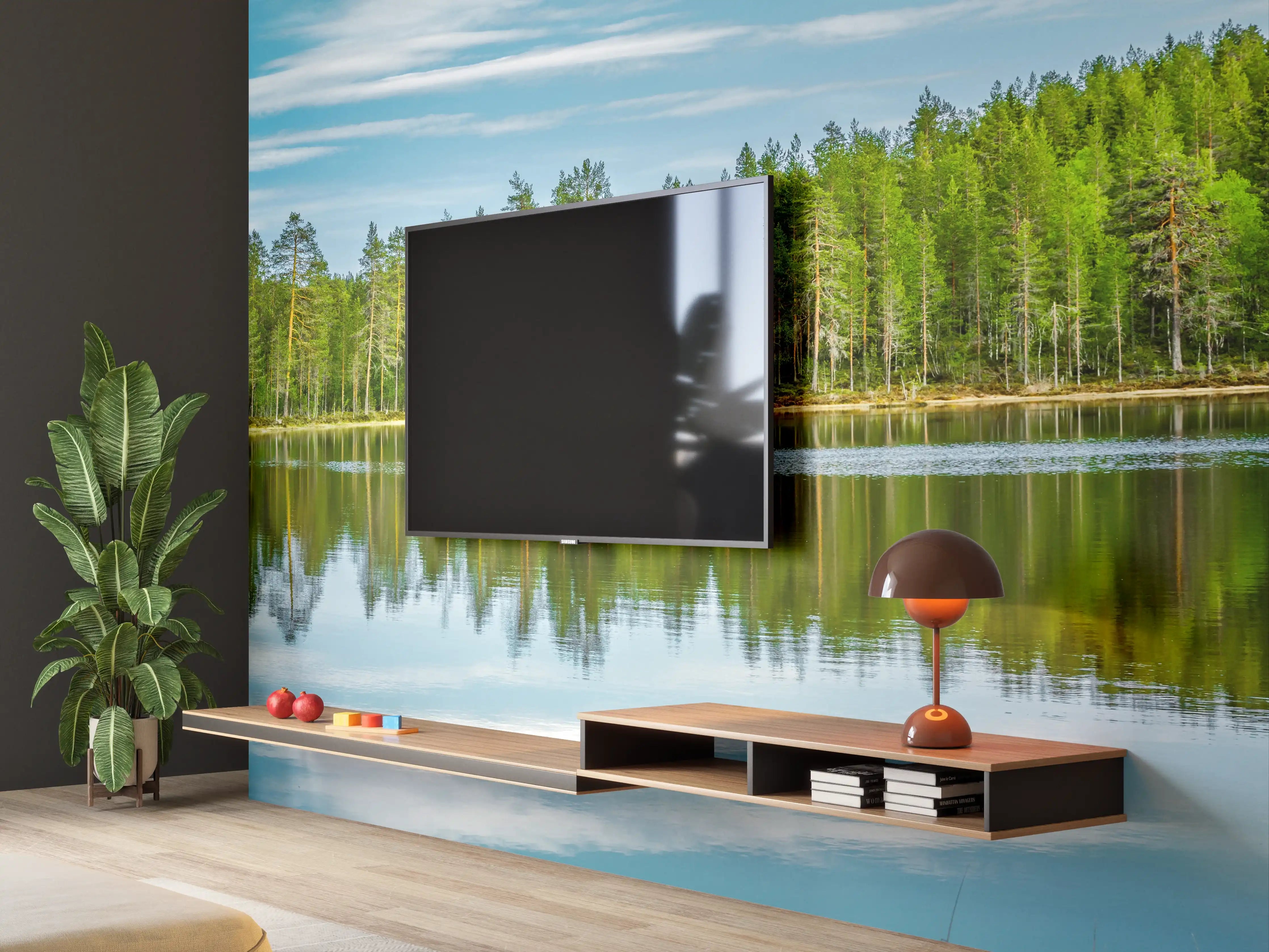 Wandverkleidung Wohnzimmer - Schwedisches See-Panorama Grün-Blau