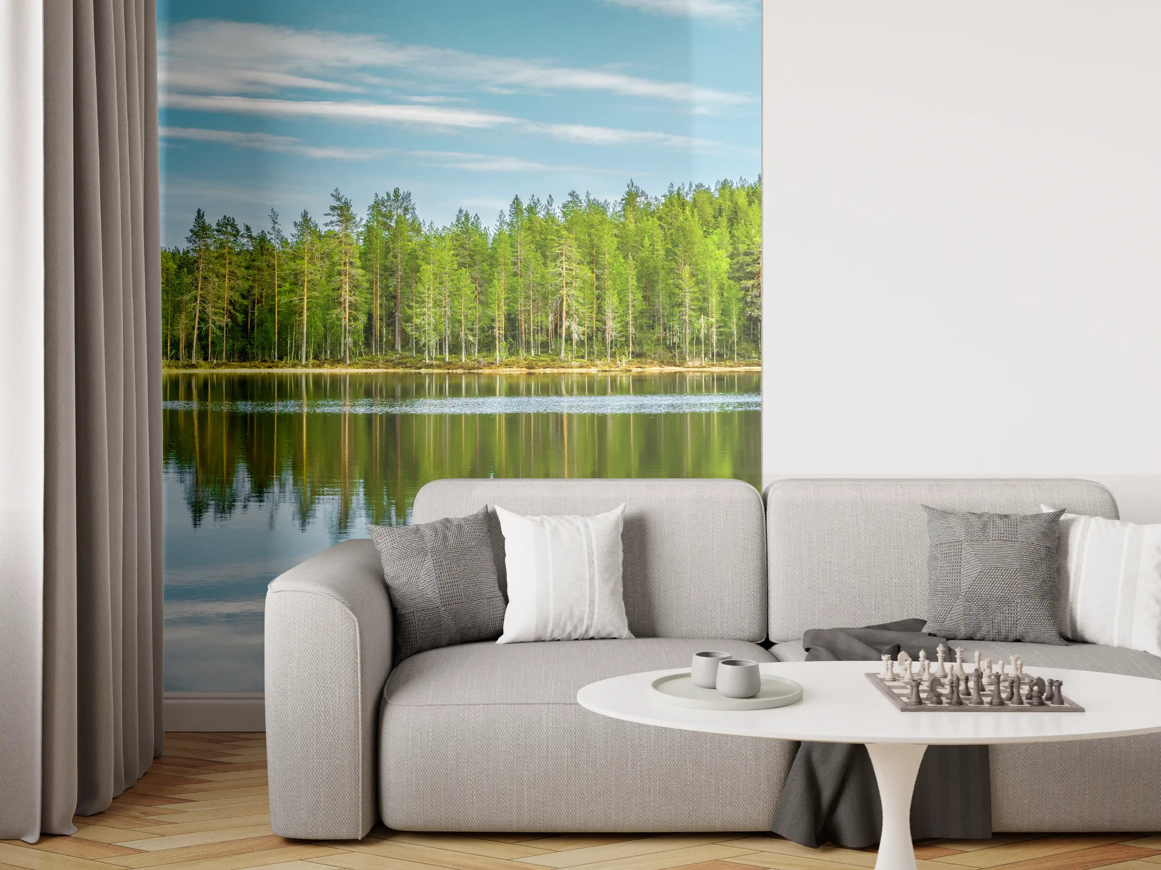 Wandverkleidung Wohnzimmer - Schwedisches See-Panorama Grün-Blau