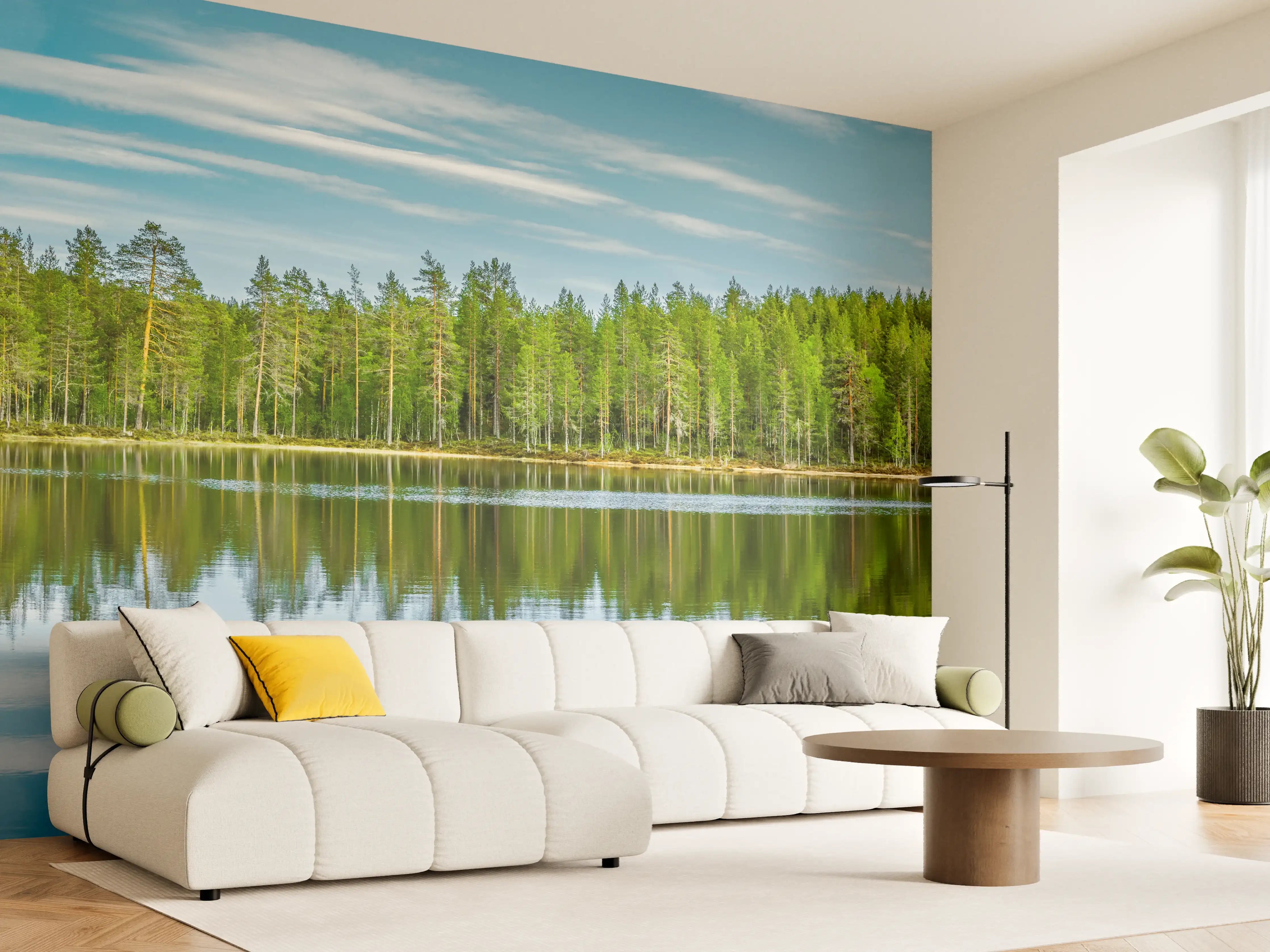 Wandverkleidung Wohnzimmer - Schwedisches See-Panorama Grün-Blau