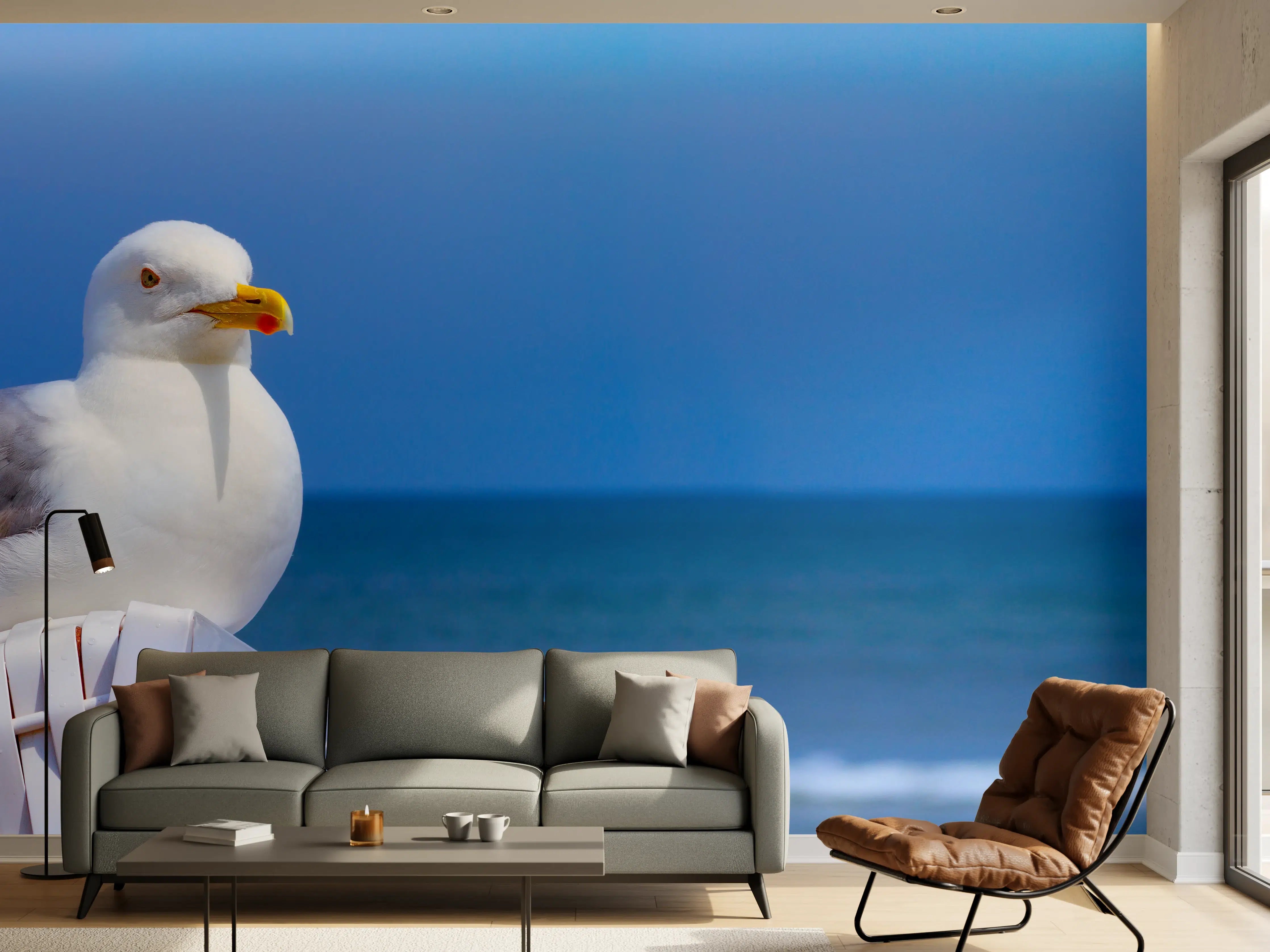 Wandverkleidung Wohnzimmer - Seegull am Strand mit blauem Hintergrund
