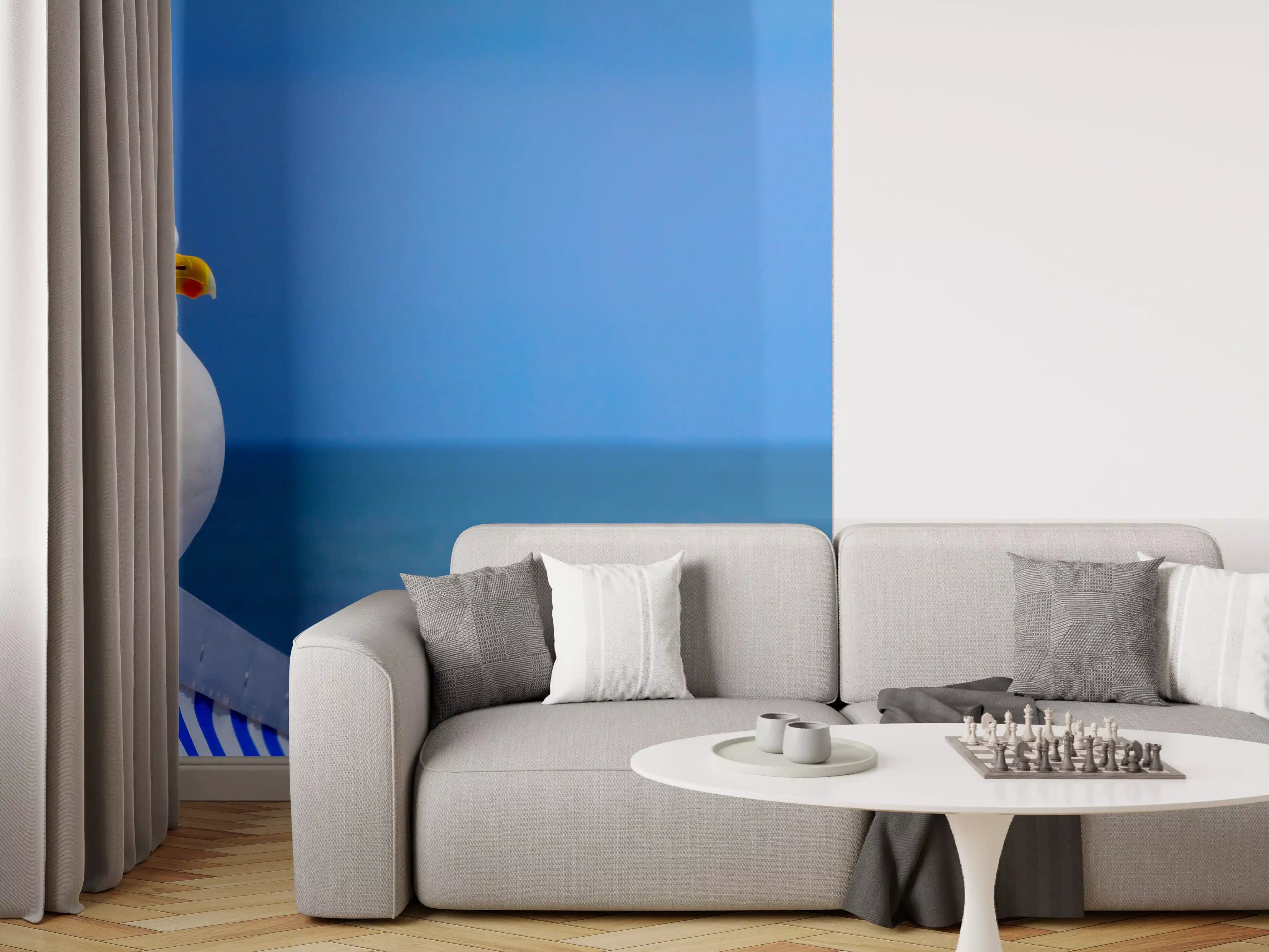 Wandverkleidung Wohnzimmer - Seegull am Strand mit blauem Hintergrund