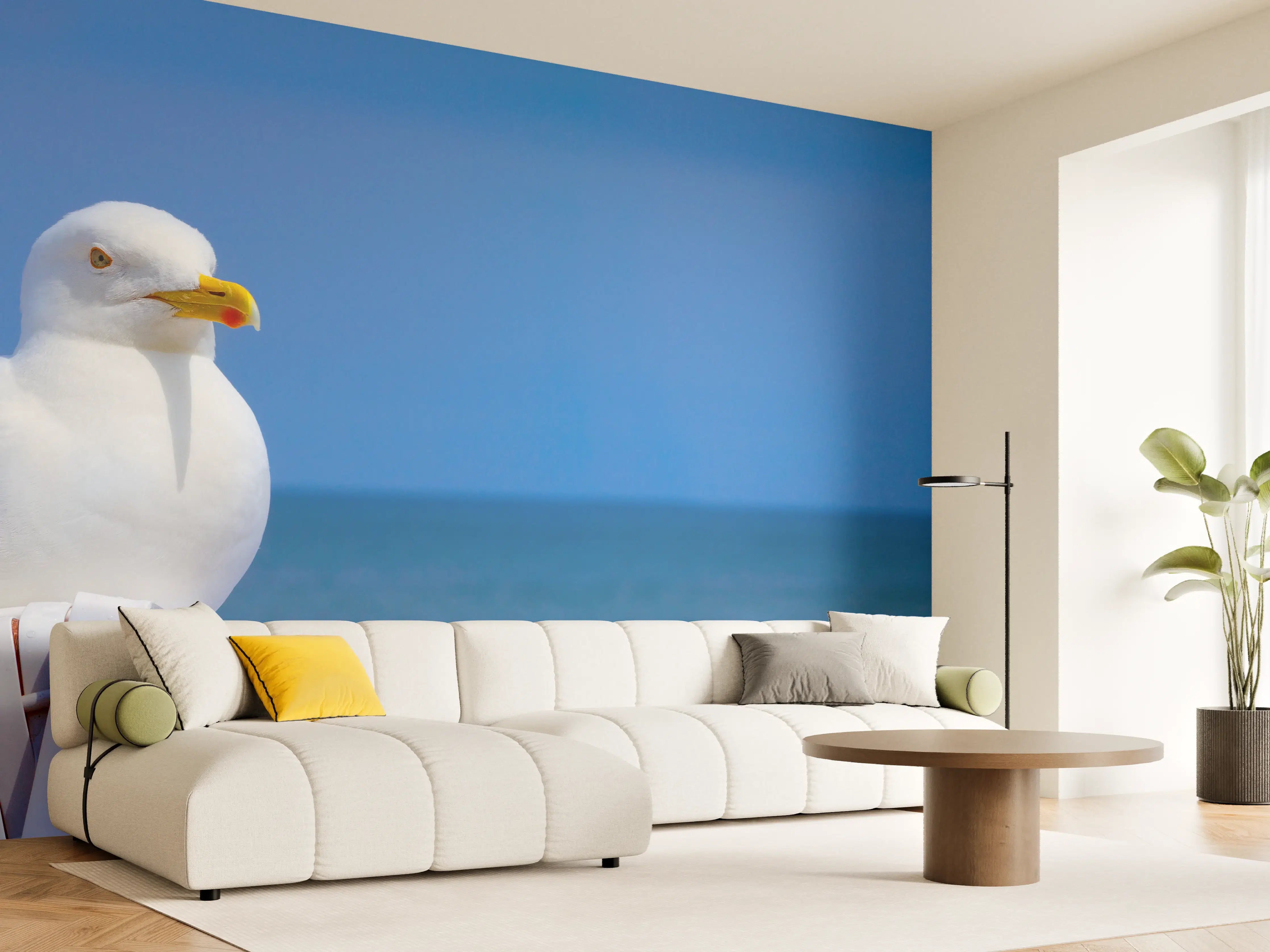 Wandverkleidung Wohnzimmer - Seegull am Strand mit blauem Hintergrund