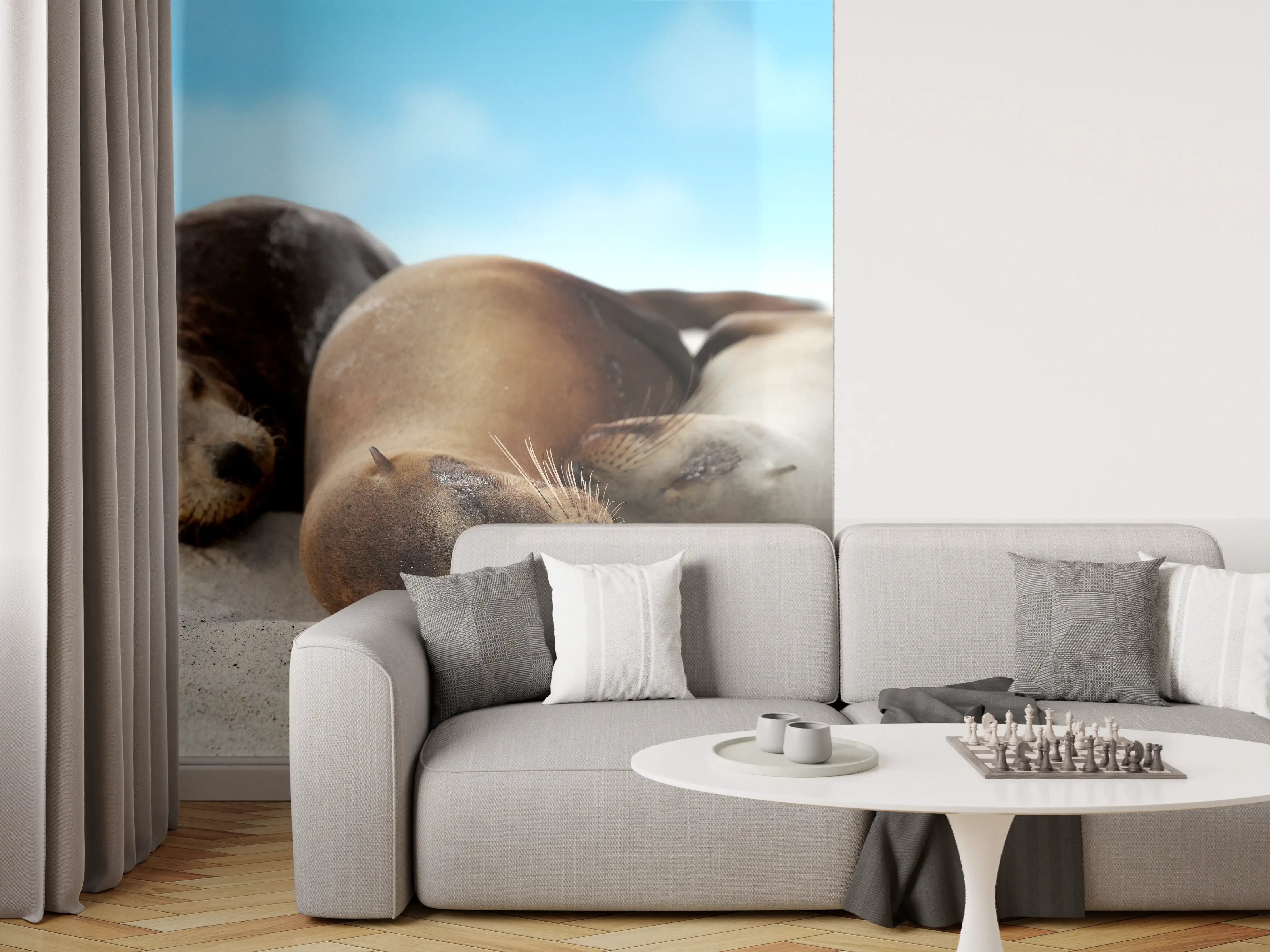 Wandverkleidung Wohnzimmer - Seelöwen im Sand liegend