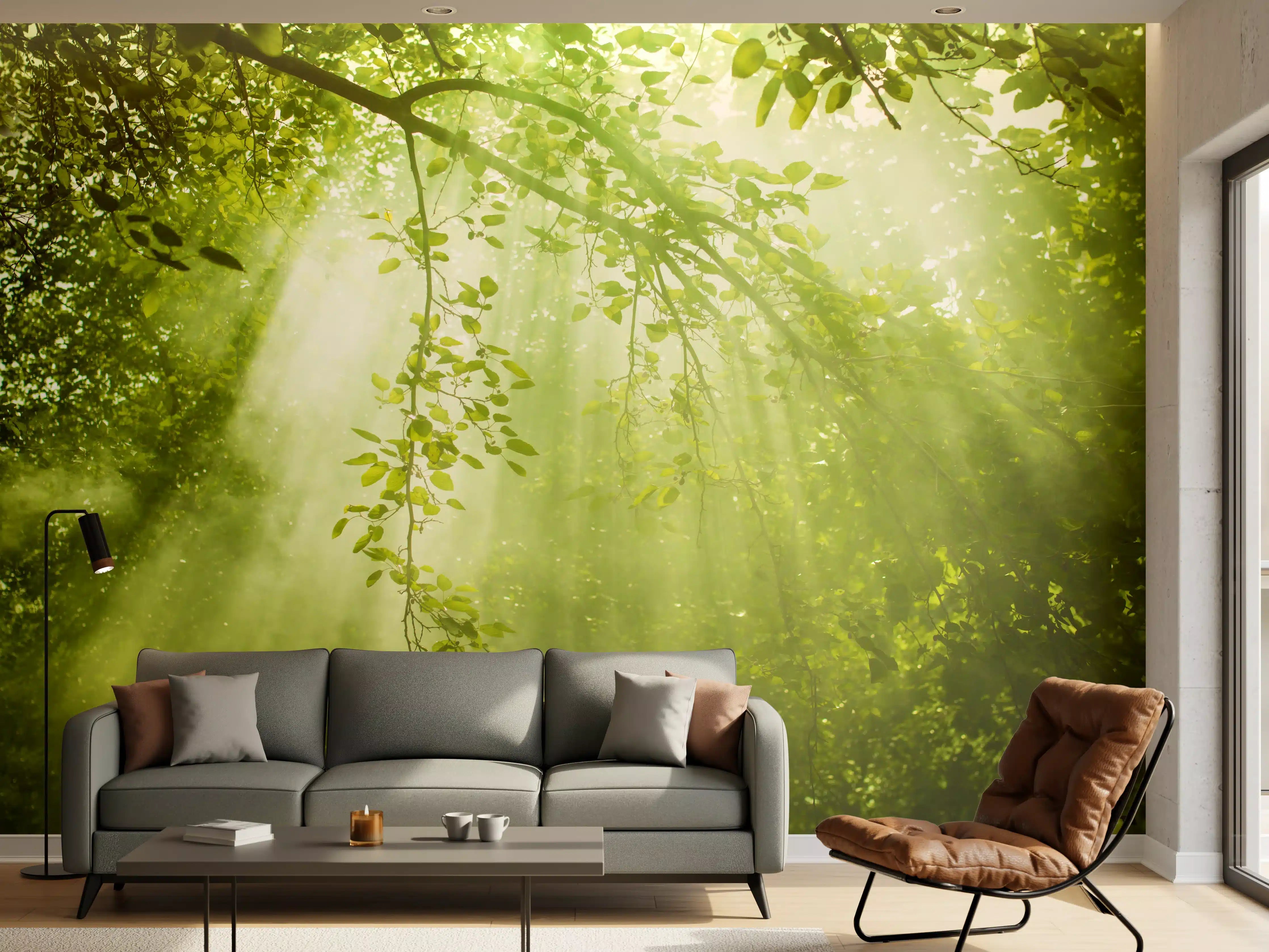 Wandverkleidung Wohnzimmer - Silberne Sonnenstrahlen im grauen Wald