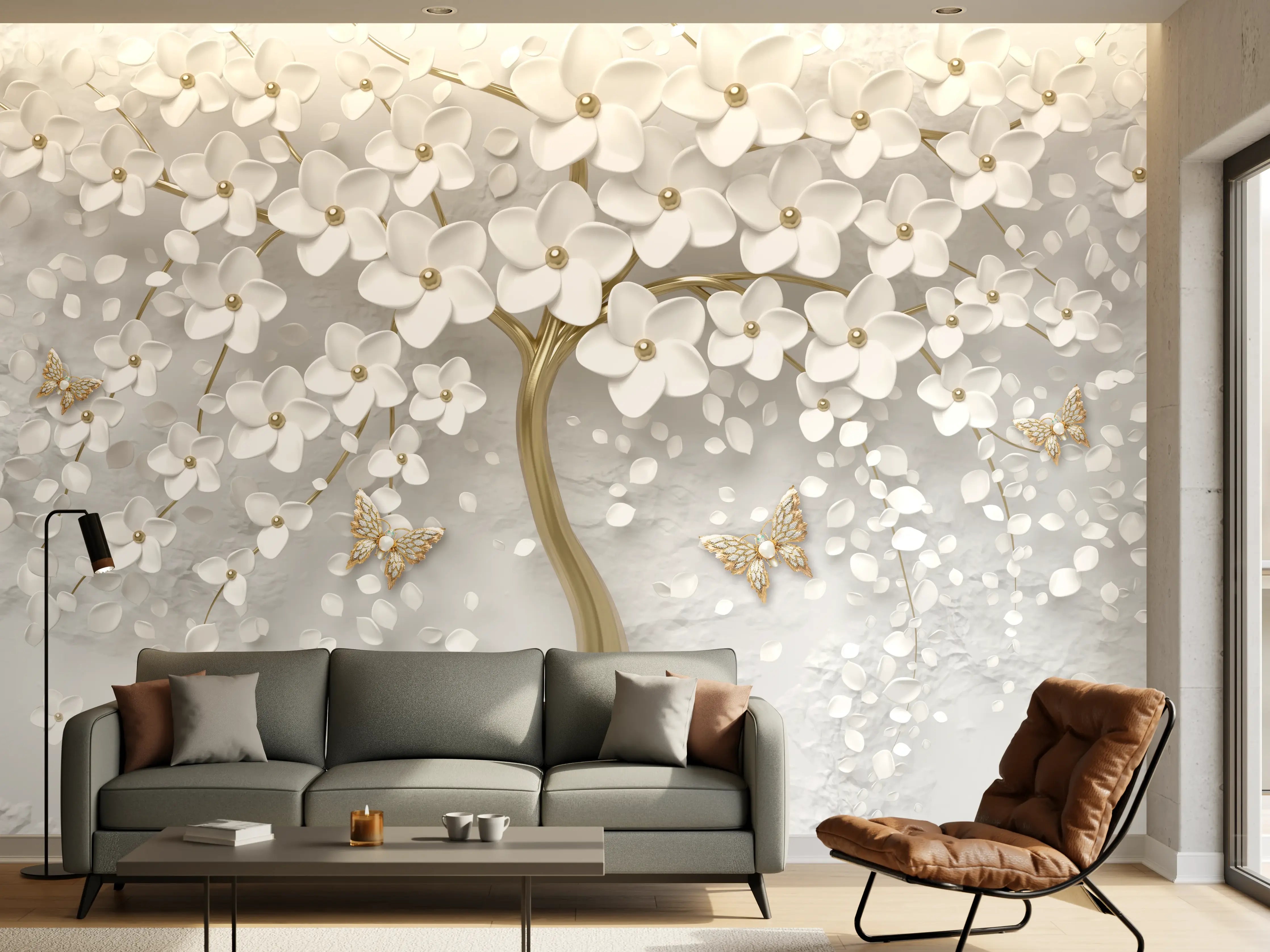 Wandverkleidung Wohnzimmer - Silberner Baum - Floral