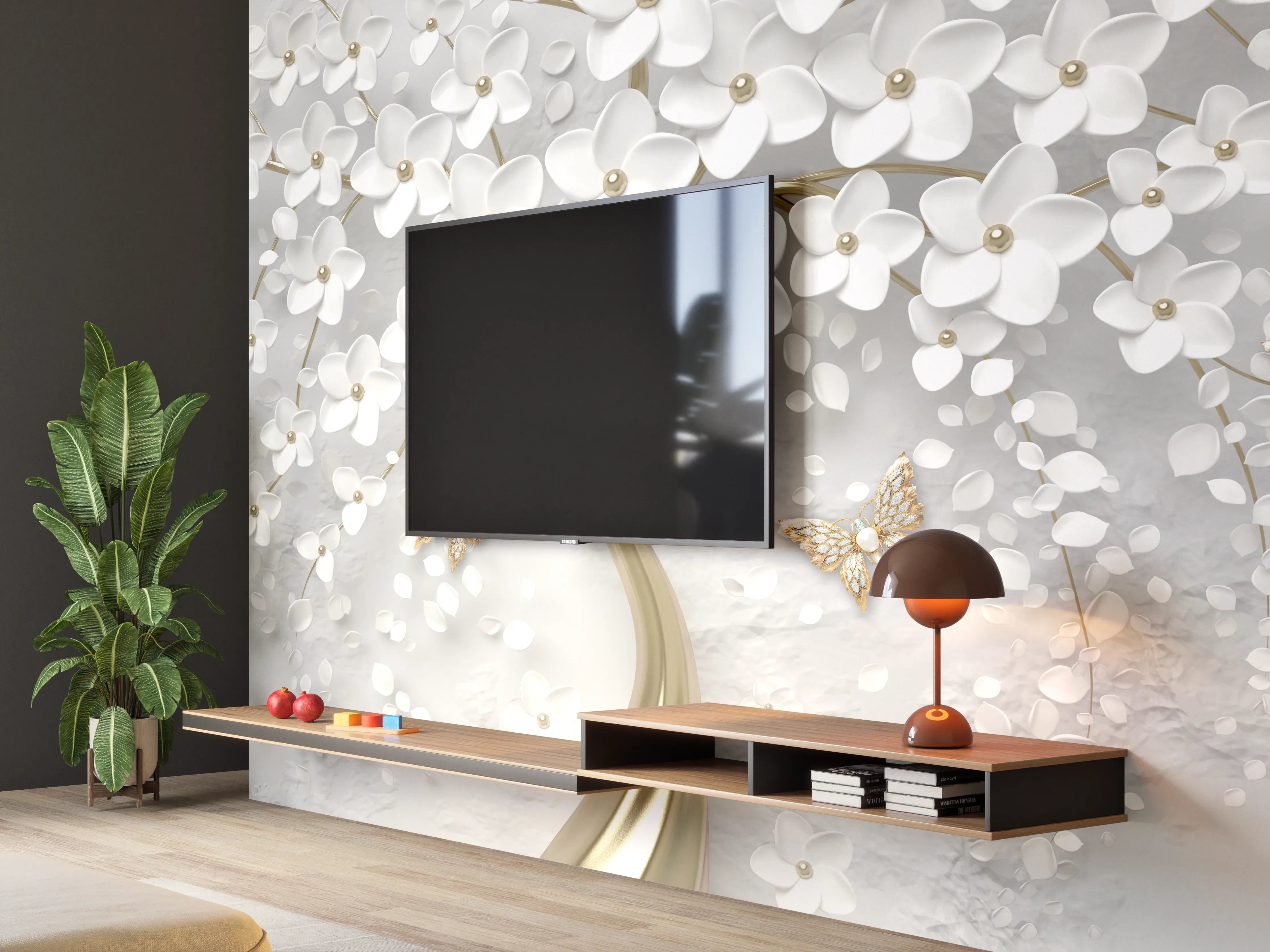 Wandverkleidung Wohnzimmer - Silberner Baum - Floral