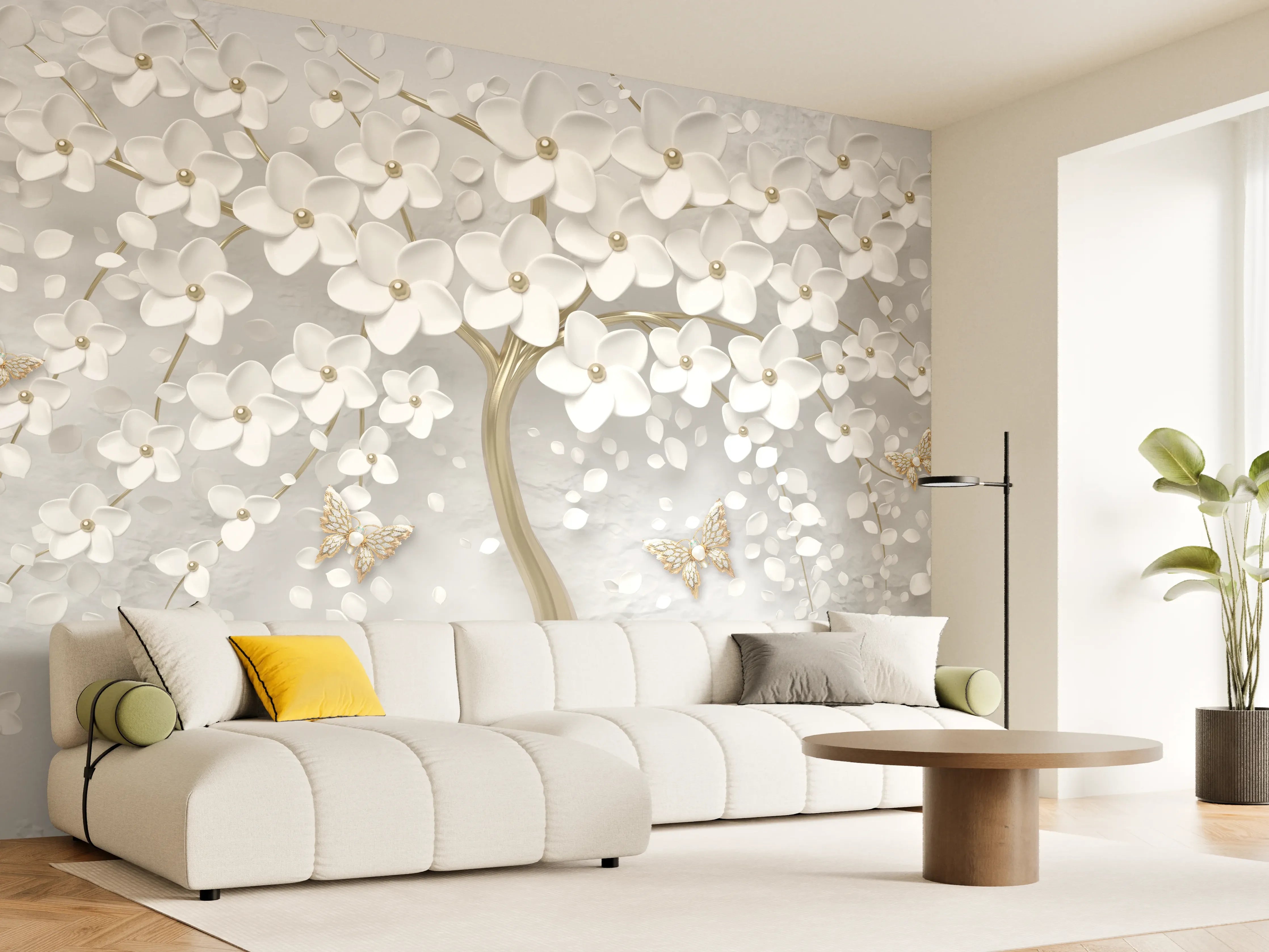 Wandverkleidung Wohnzimmer - Silberner Baum - Floral