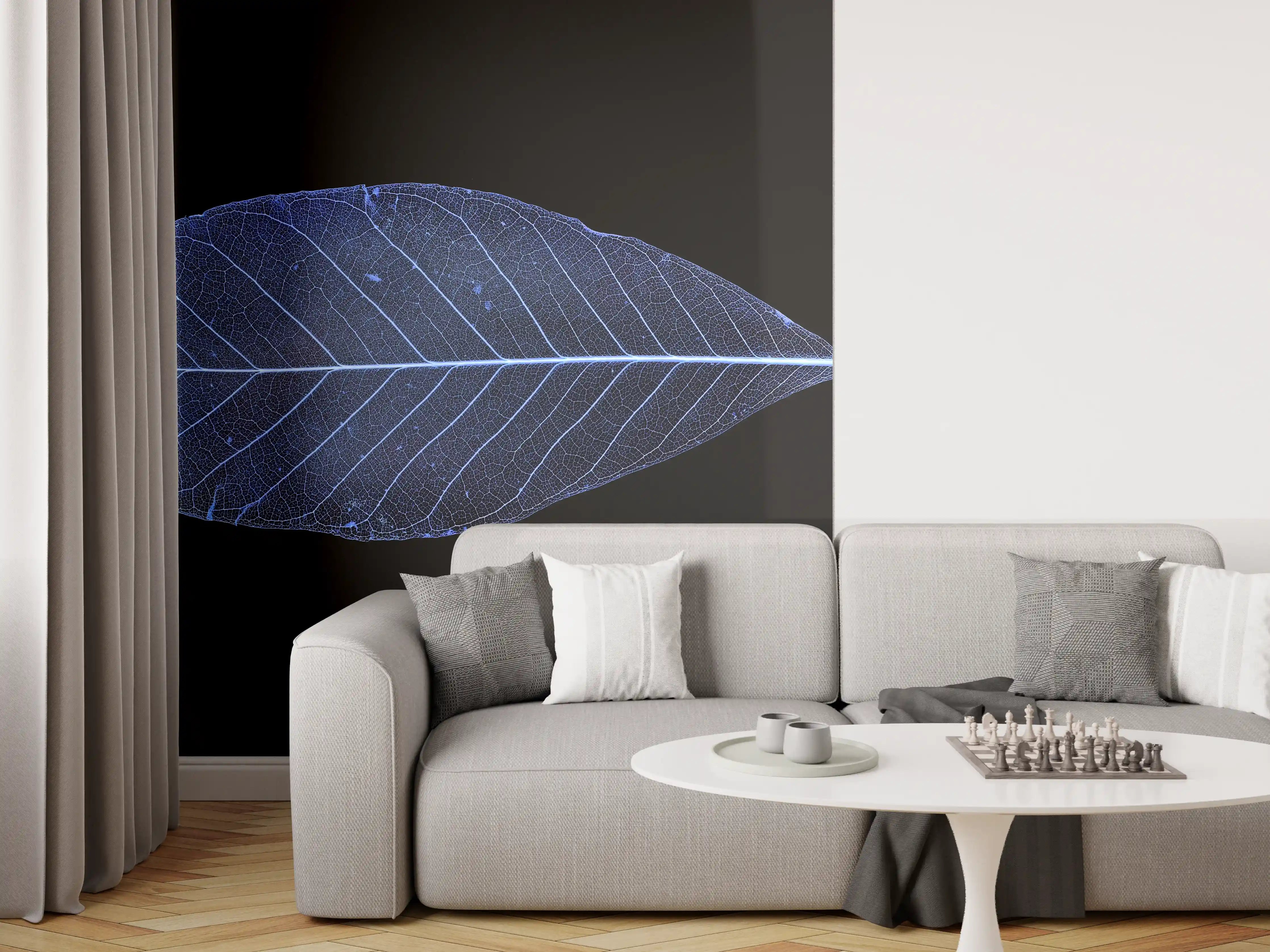 Wandverkleidung Wohnzimmer - Silbrig schimmernde Blätter im Dunkel