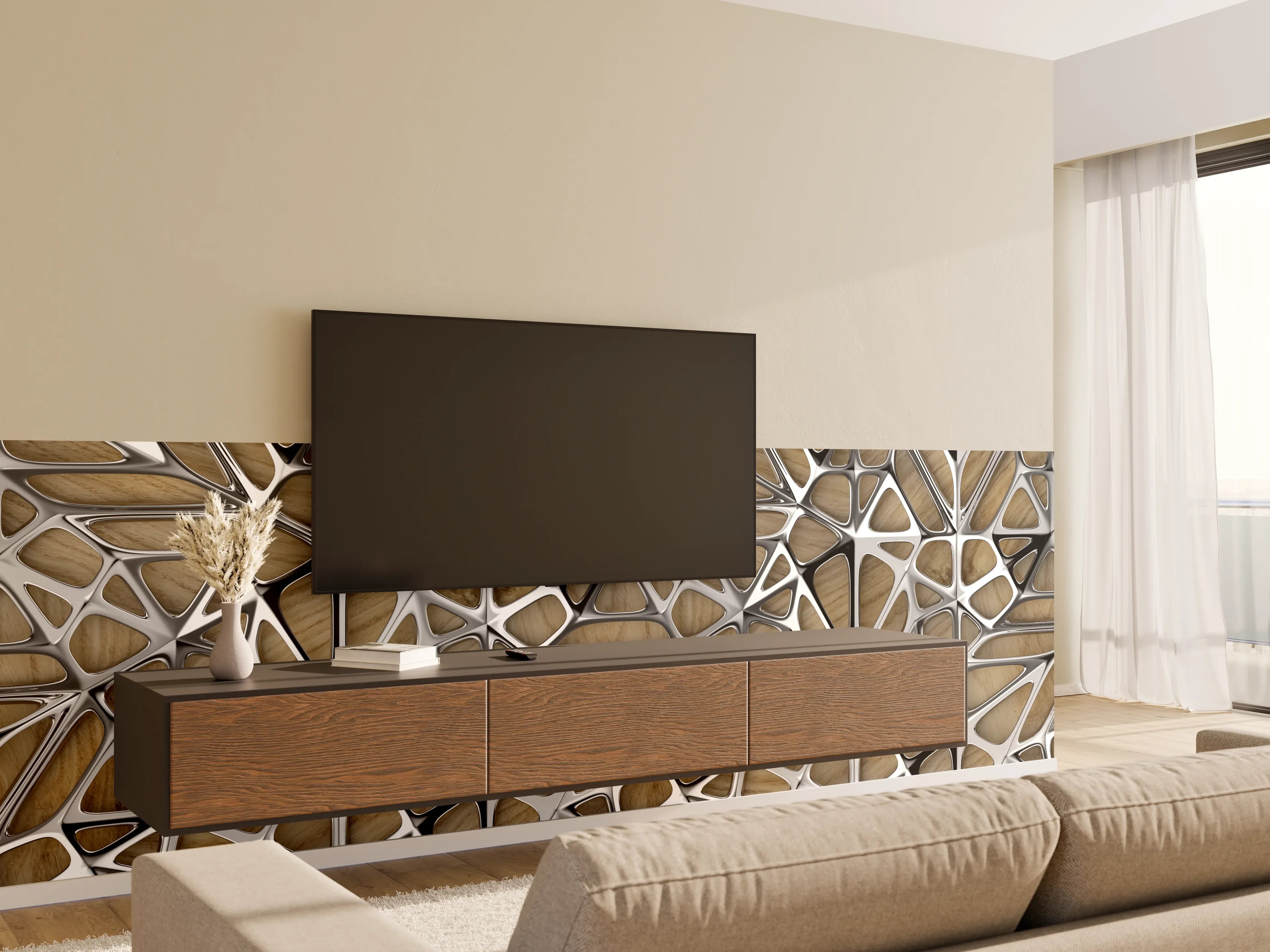 Wandverkleidung Wohnzimmer - Silernes Gitter Muster 