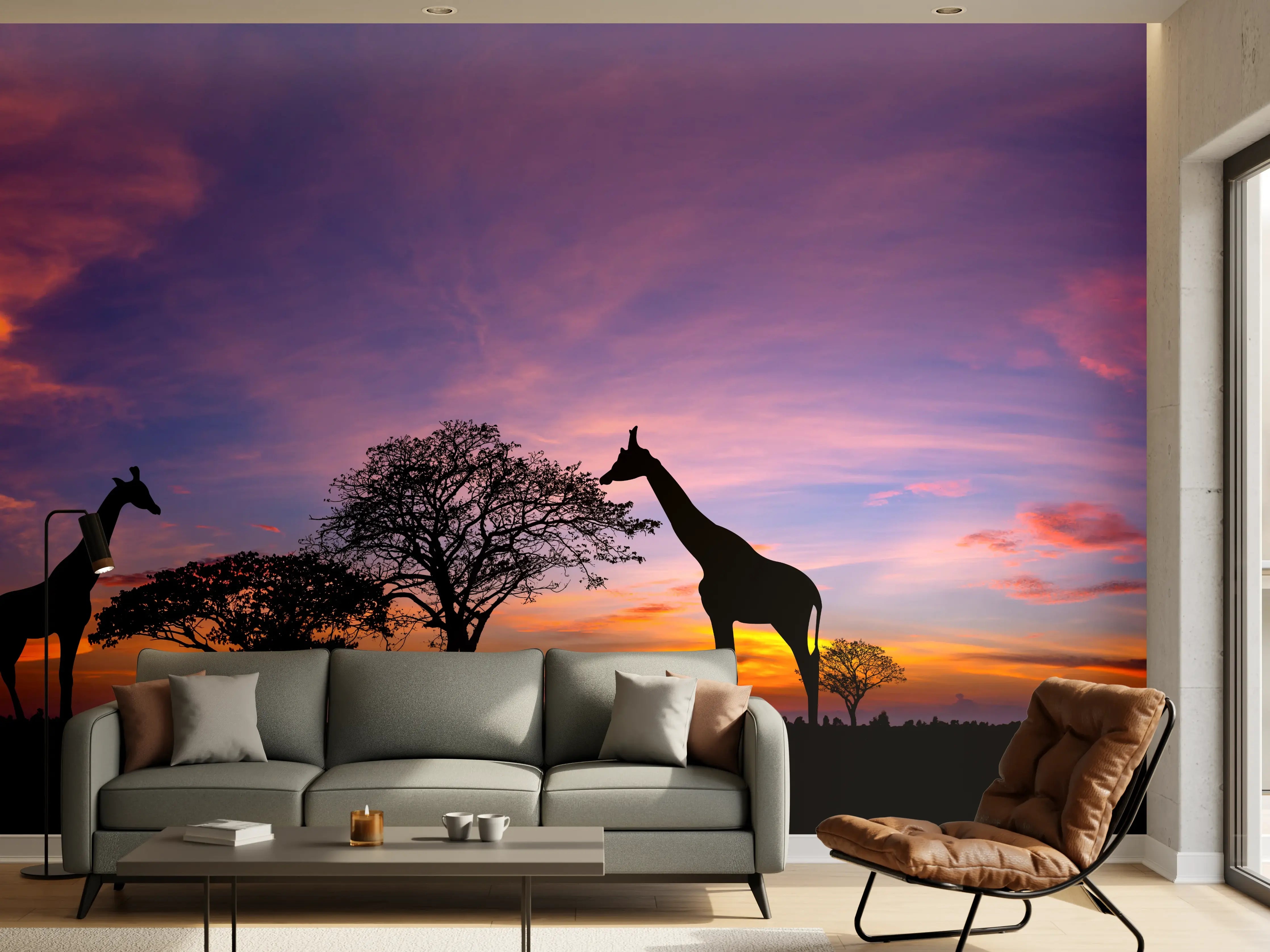 Wandverkleidung Wohnzimmer - Silhouette - Giraffenfamilie bei Sonnenuntergang