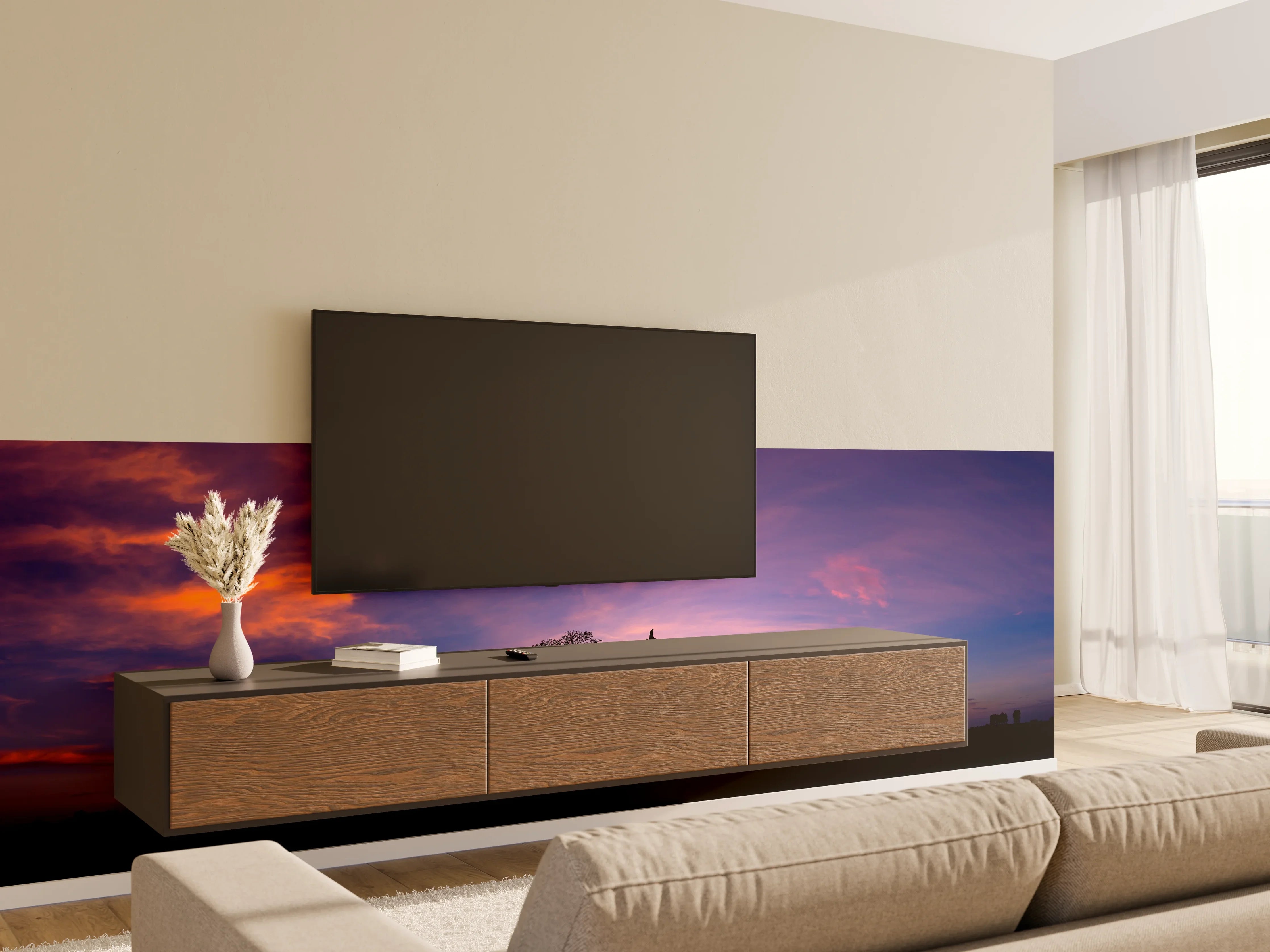 Wandverkleidung Wohnzimmer - Silhouette - Giraffenfamilie bei Sonnenuntergang
