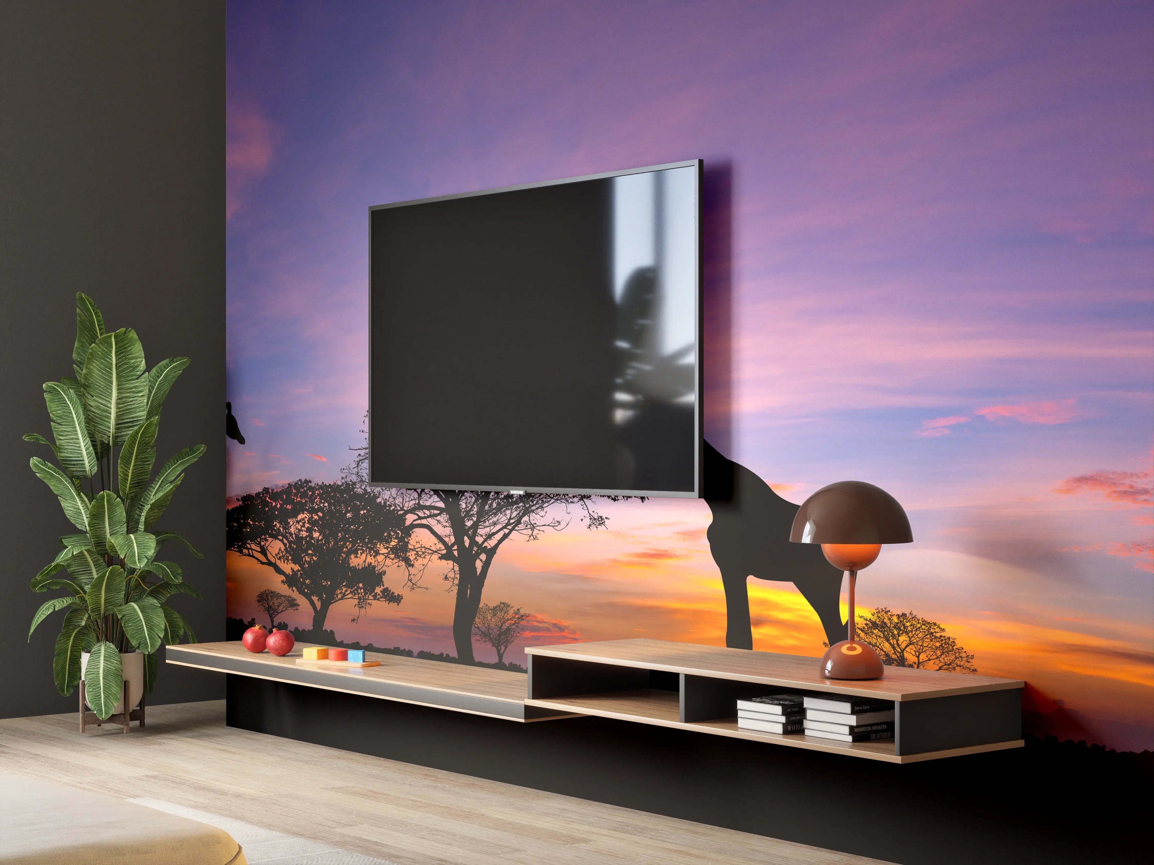 Wandverkleidung Wohnzimmer - Silhouette - Giraffenfamilie bei Sonnenuntergang