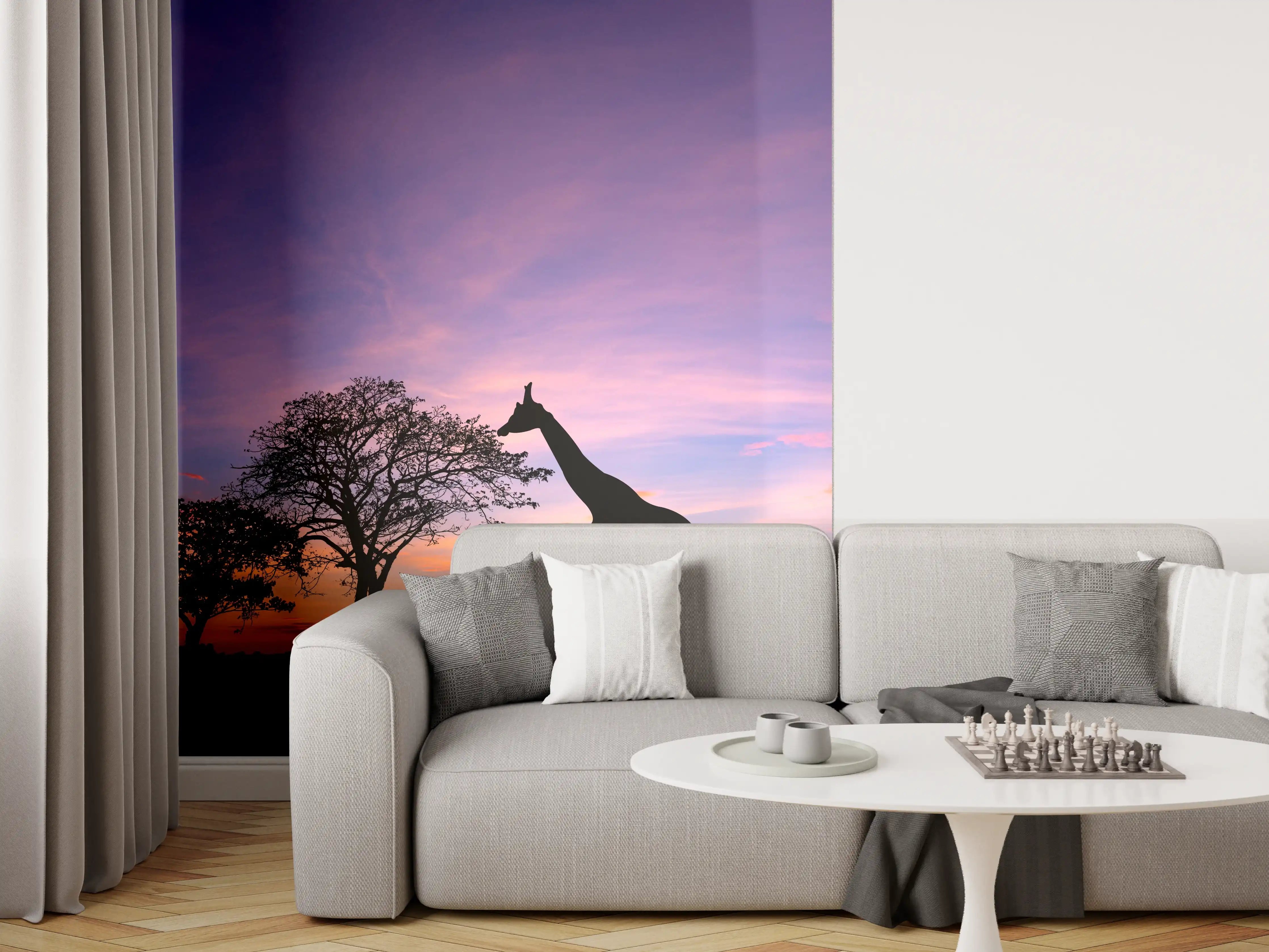 Wandverkleidung Wohnzimmer - Silhouette - Giraffenfamilie bei Sonnenuntergang