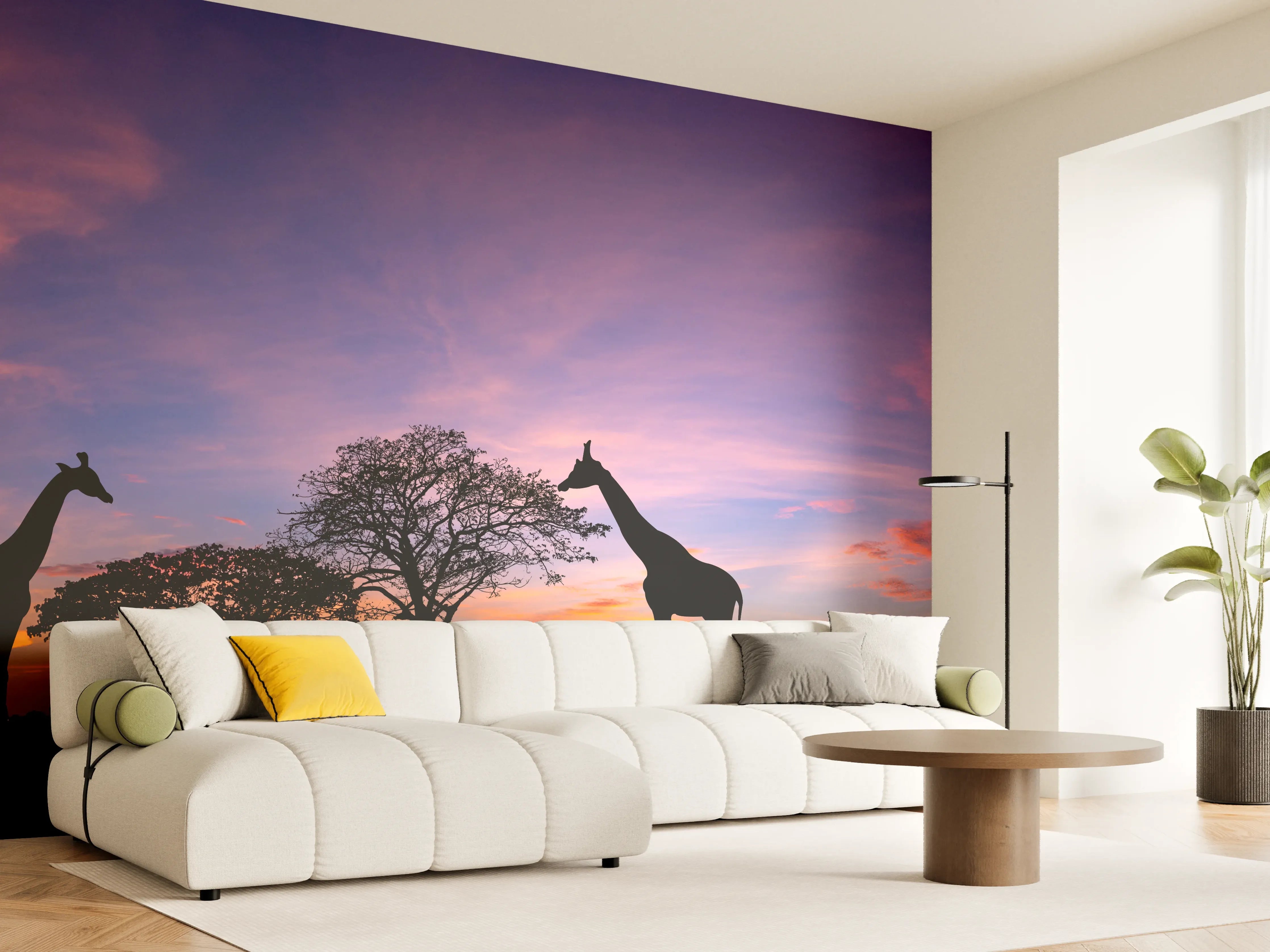 Wandverkleidung Wohnzimmer - Silhouette - Giraffenfamilie bei Sonnenuntergang