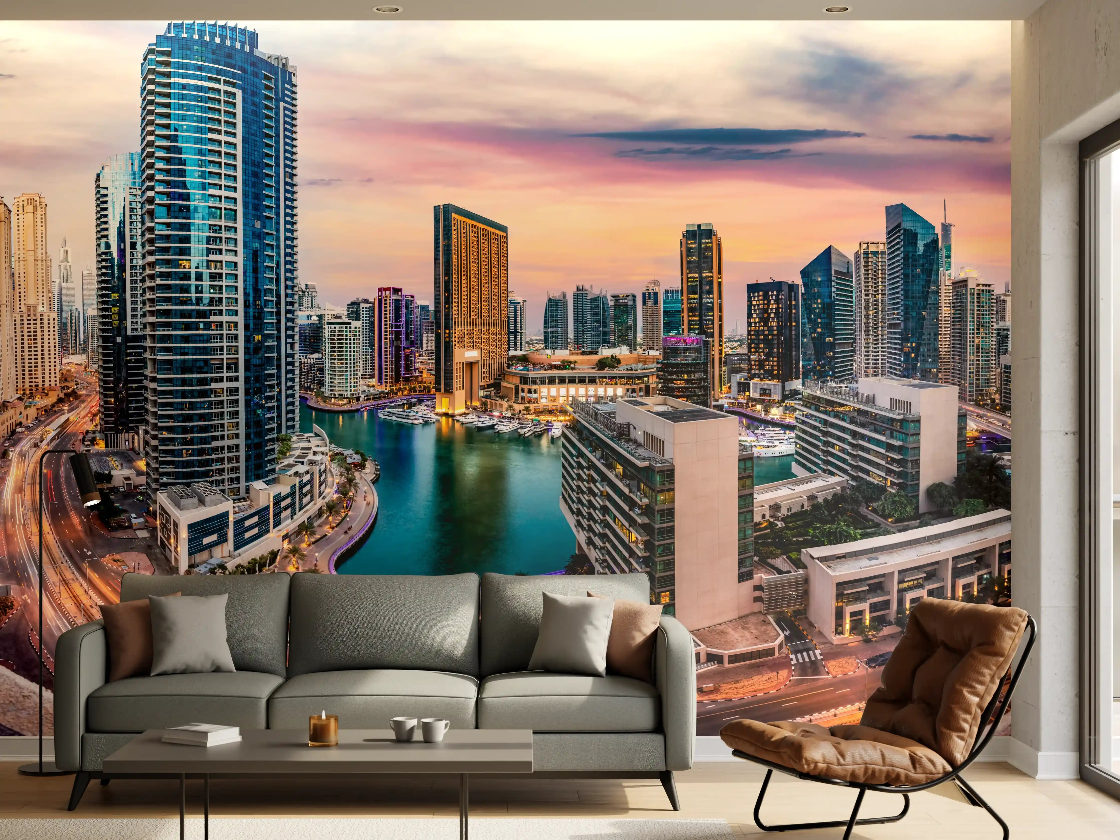 Wandverkleidung Wohnzimmer - Skyline des Jachthafens von Dubai bei Sonnenuntergang