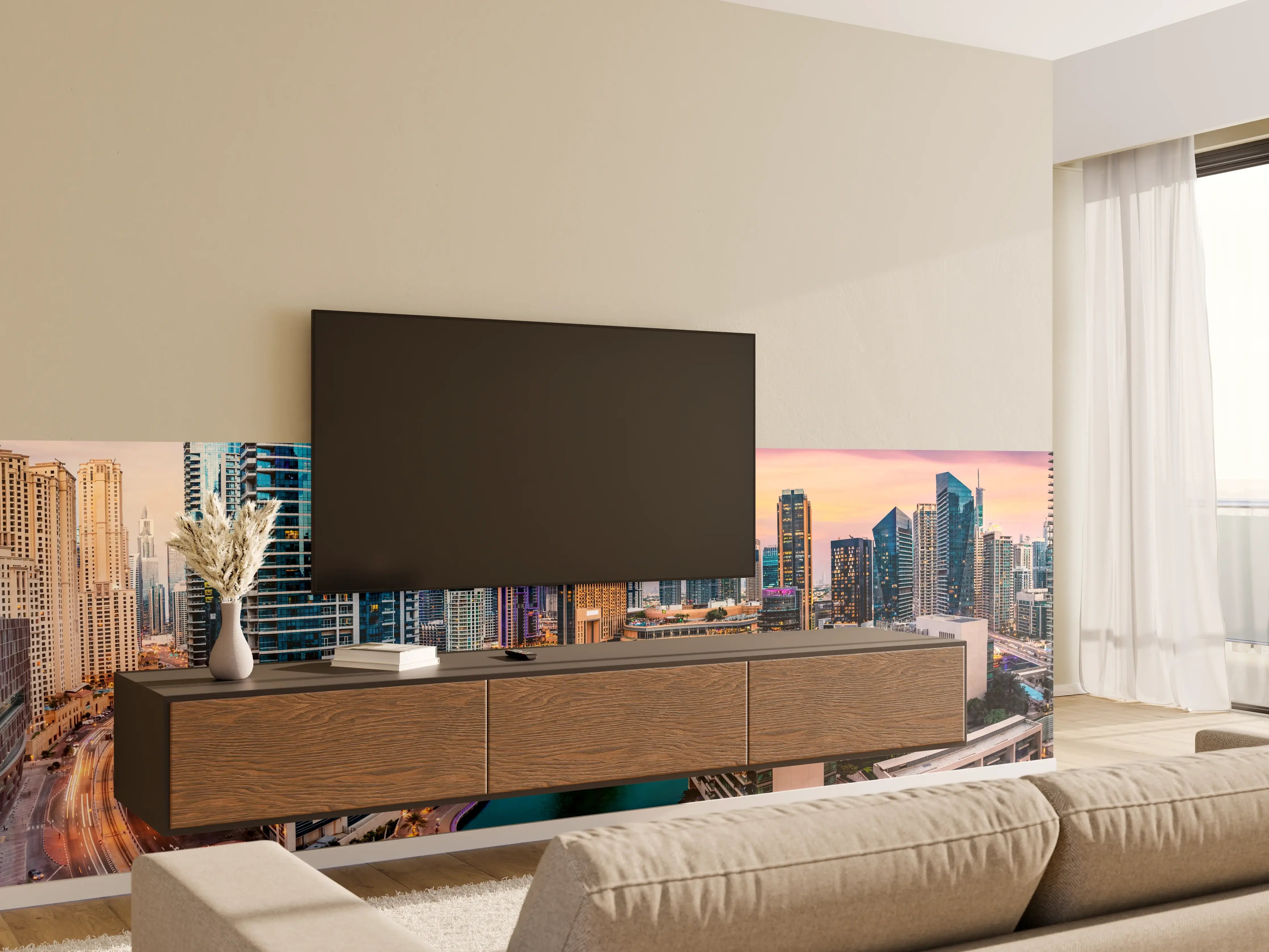 Wandverkleidung Wohnzimmer - Skyline des Jachthafens von Dubai bei Sonnenuntergang