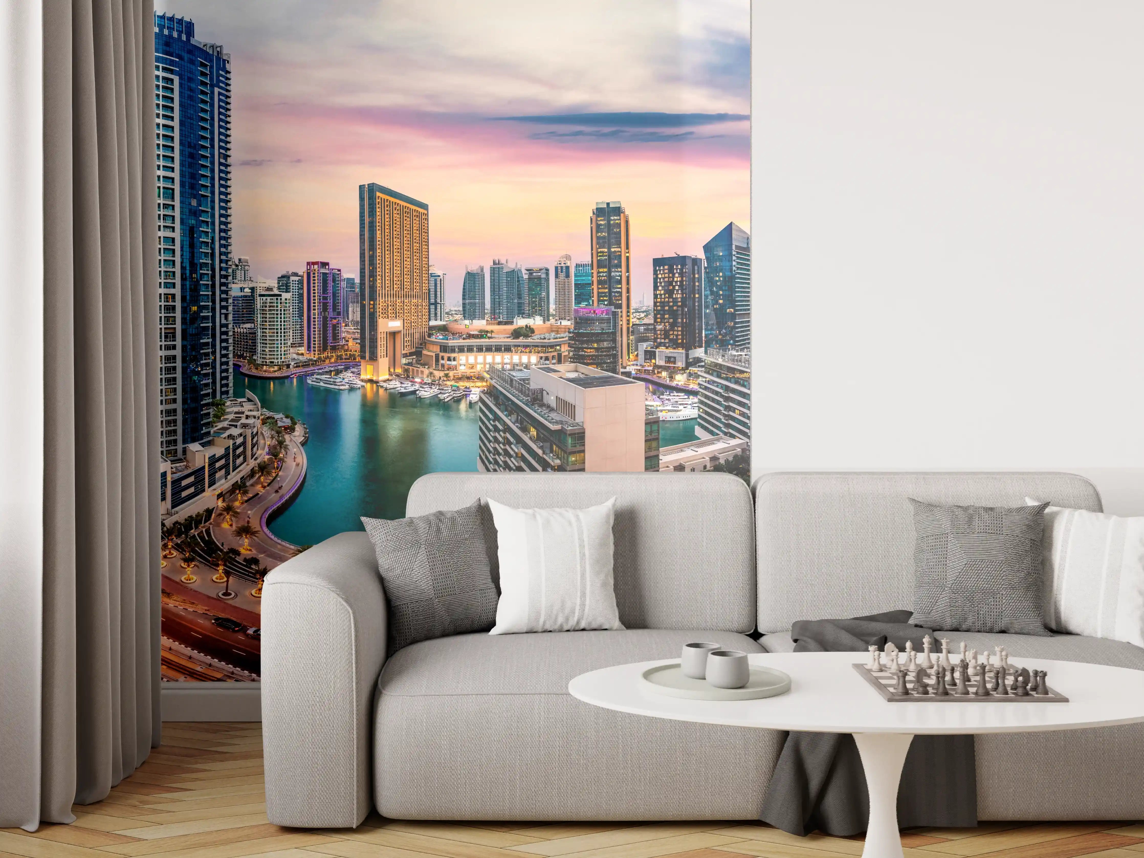 Wandverkleidung Wohnzimmer - Skyline des Jachthafens von Dubai bei Sonnenuntergang