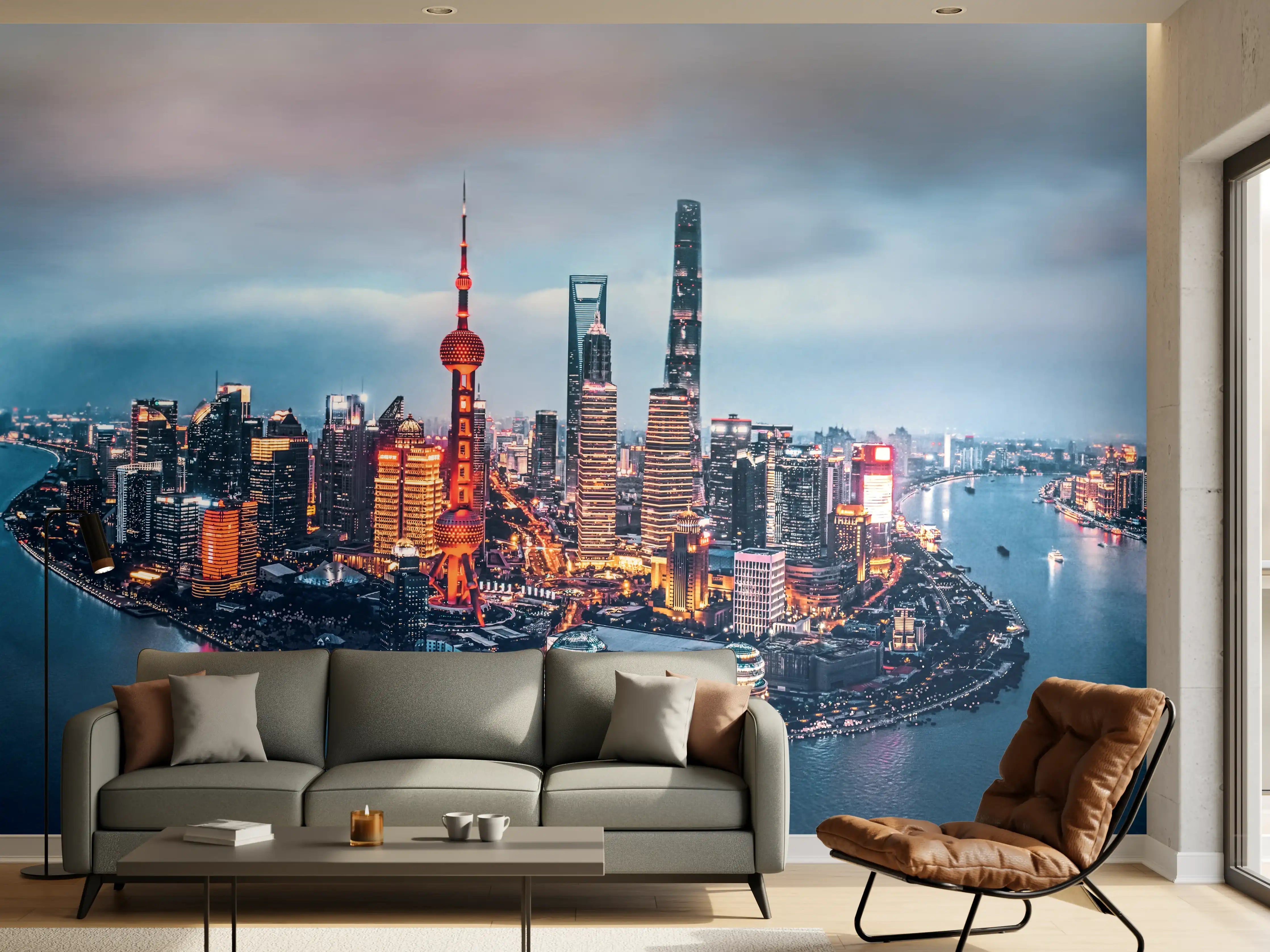 Wandverkleidung Wohnzimmer - Skyline von Shanghai bei Nacht