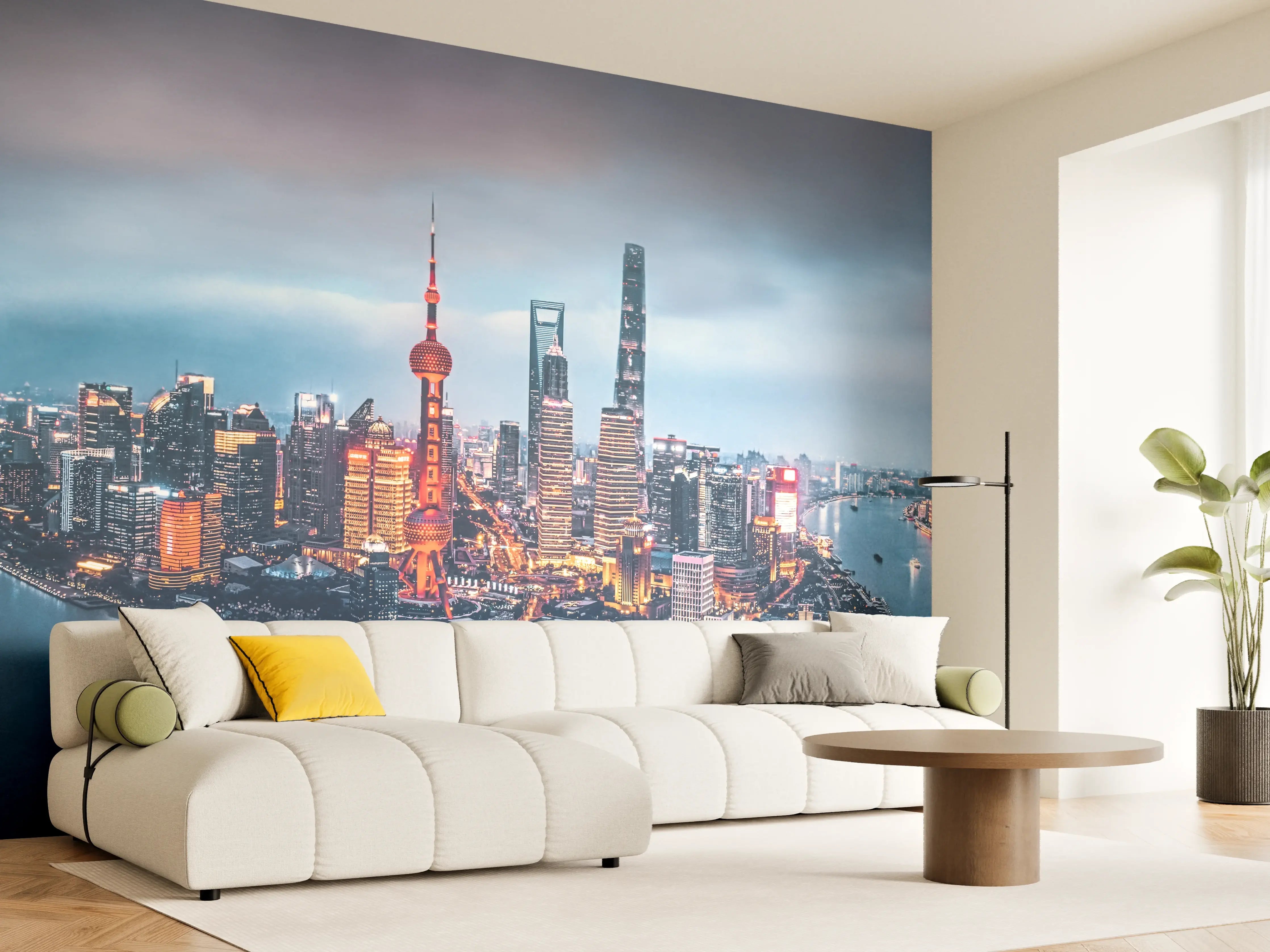 Wandverkleidung Wohnzimmer - Skyline von Shanghai bei Nacht