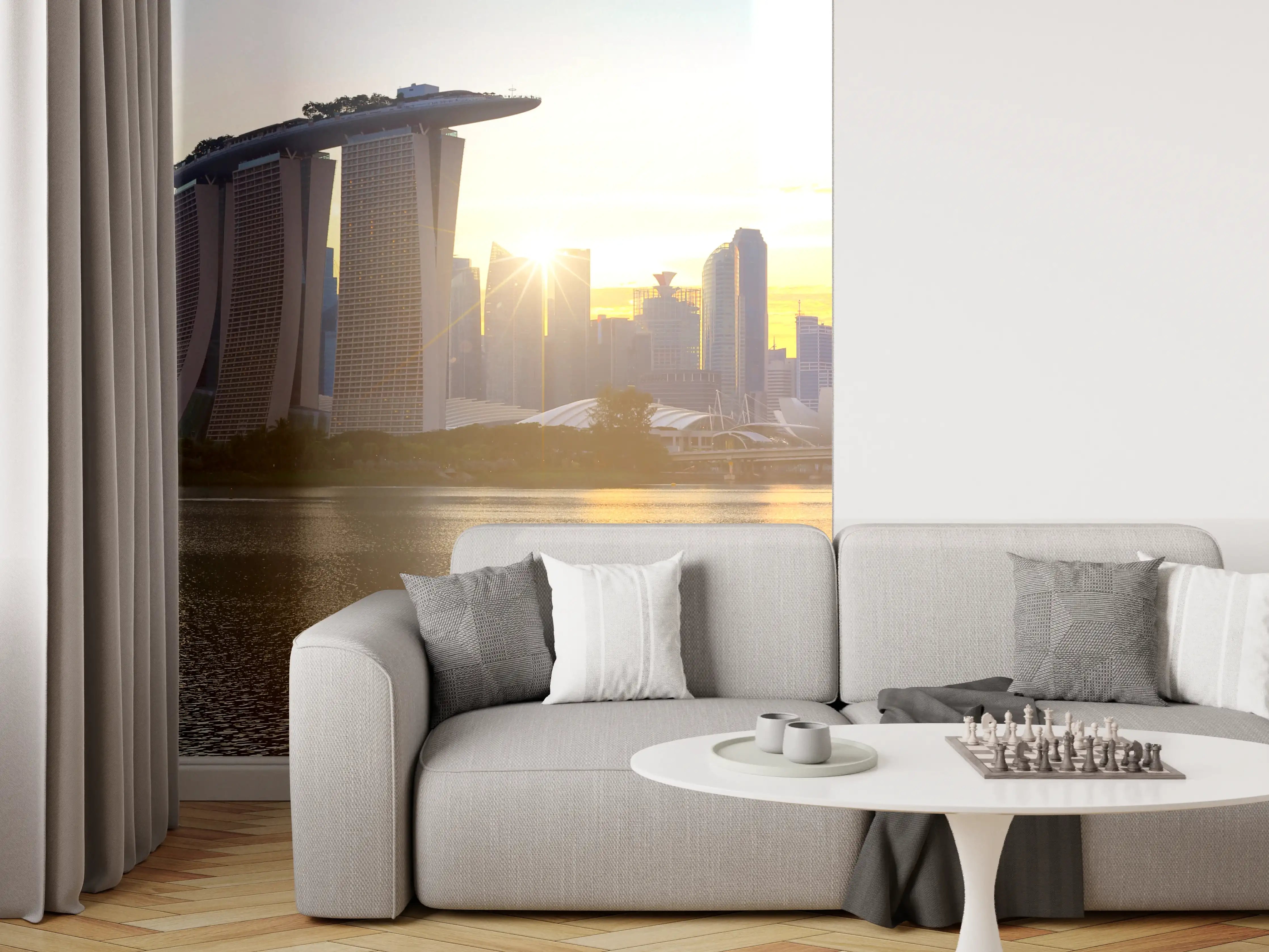 Wandverkleidung Wohnzimmer - Skyline von Singapur bei Sonnenuntergang
