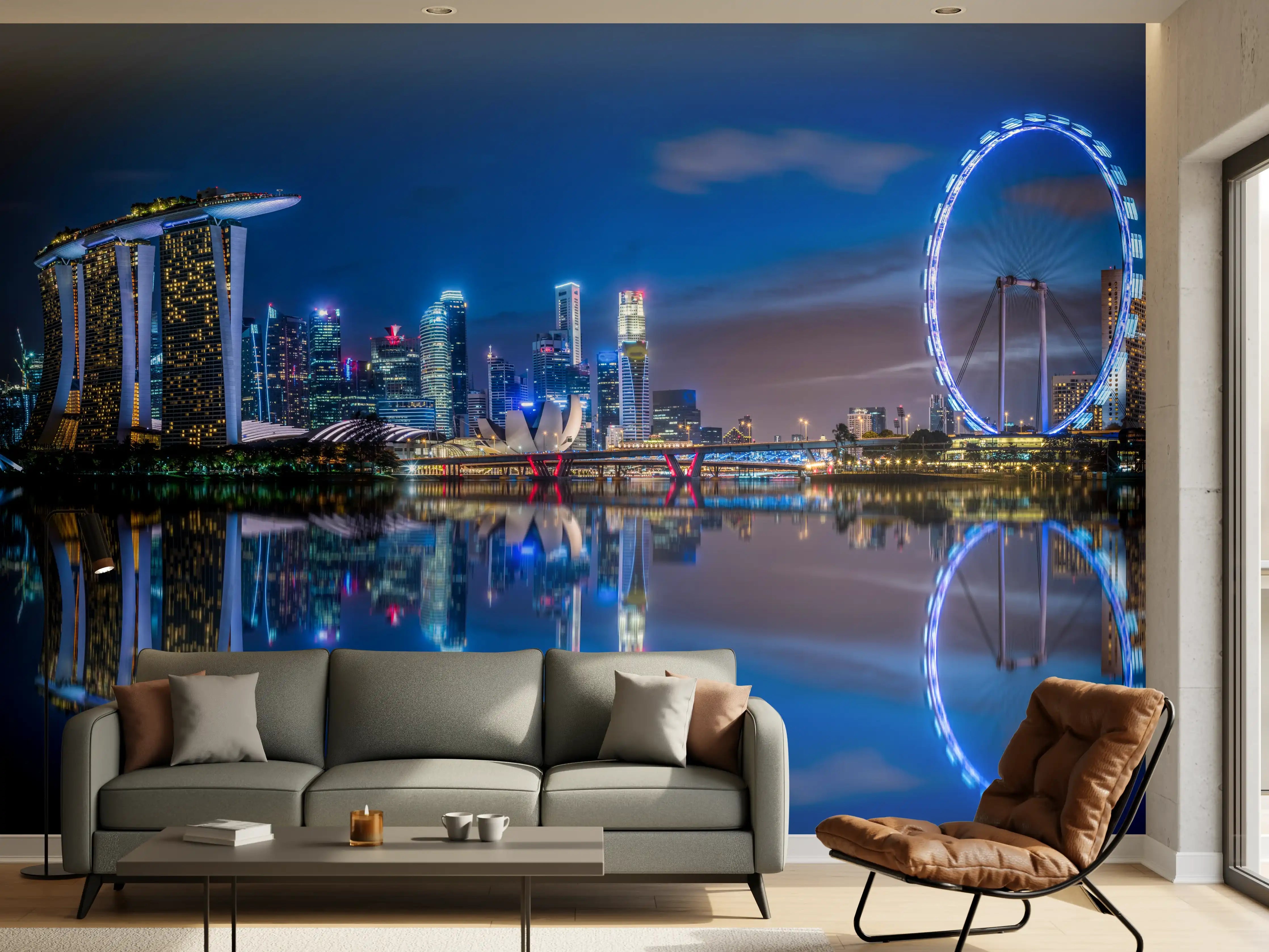 Wandverkleidung Wohnzimmer - Skyline von Singapur und Blick auf den Wolkenkratzer