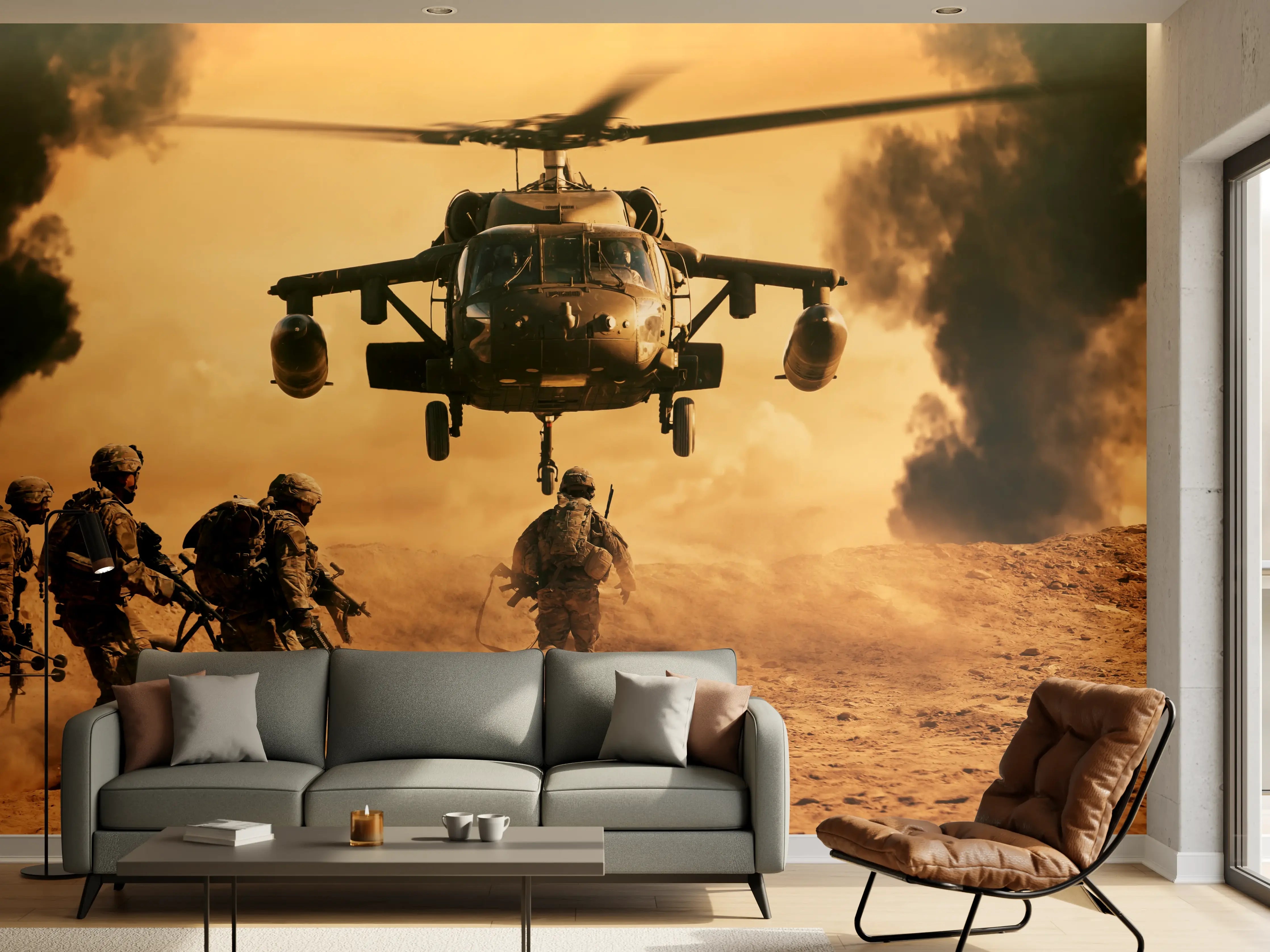 Wandverkleidung Wohnzimmer - Soldaten rennen auf dem Schlachtfeld zum Hubschrauber