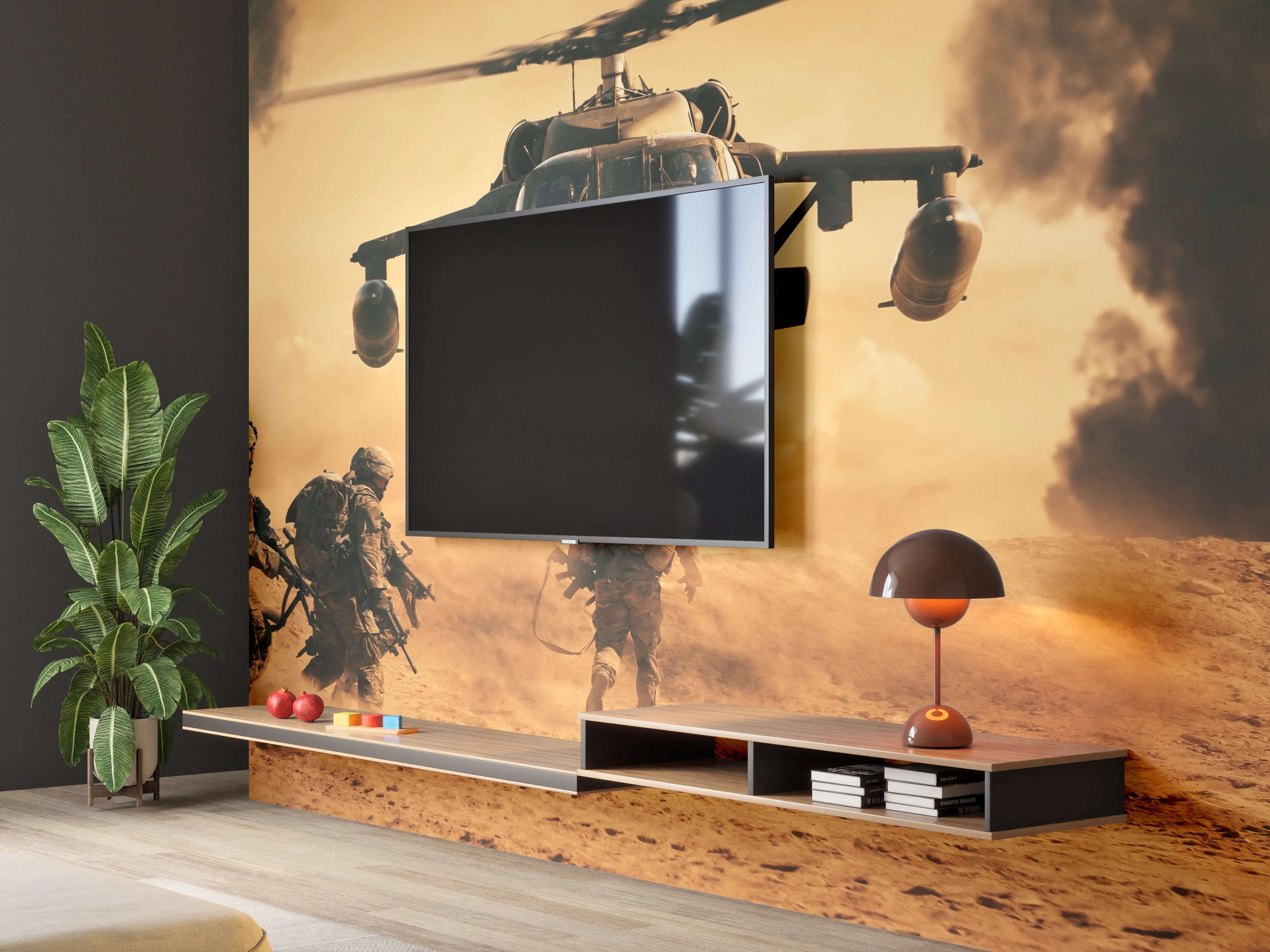 Wandverkleidung Wohnzimmer - Soldaten rennen auf dem Schlachtfeld zum Hubschrauber