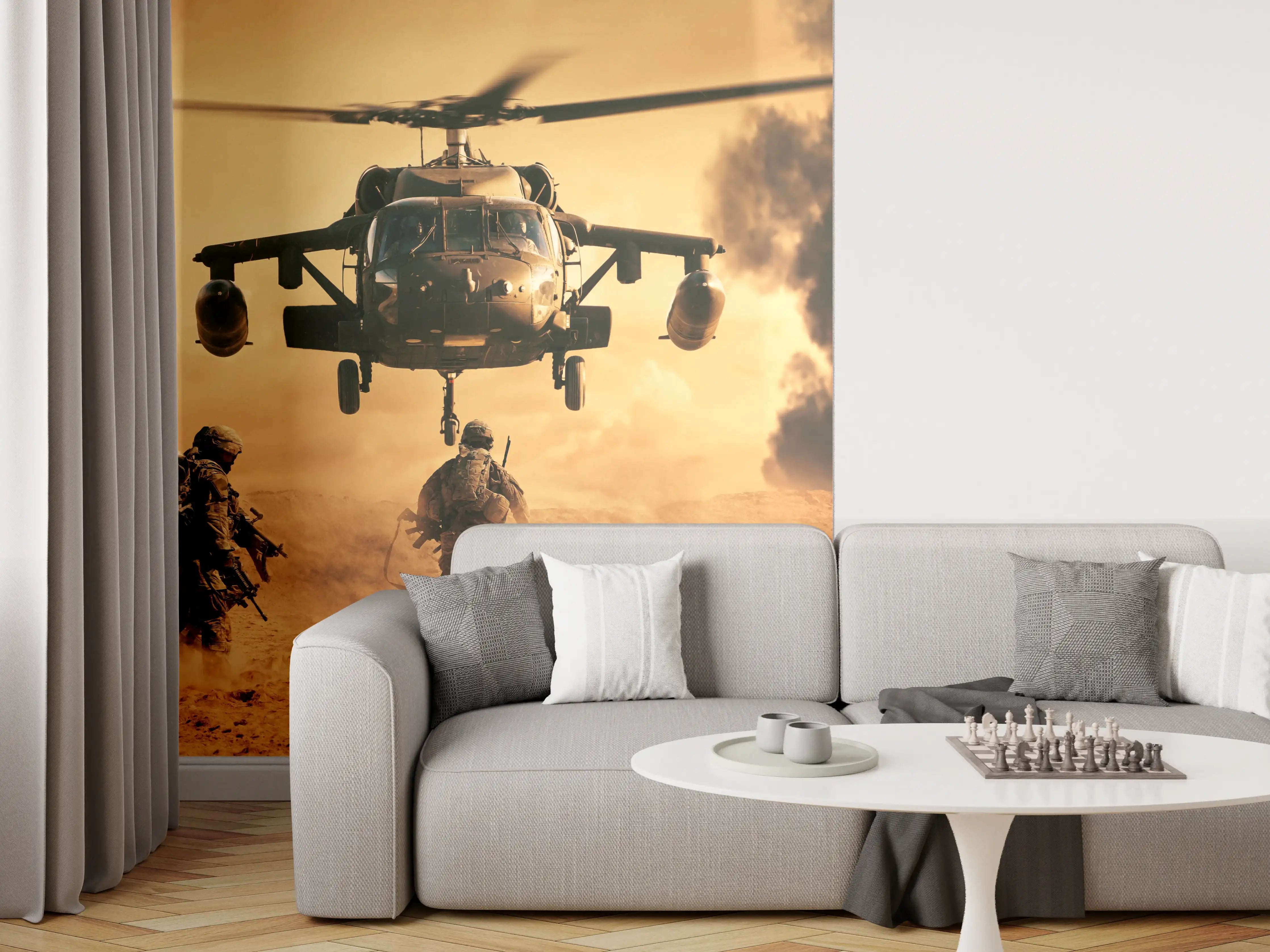 Wandverkleidung Wohnzimmer - Soldaten rennen auf dem Schlachtfeld zum Hubschrauber
