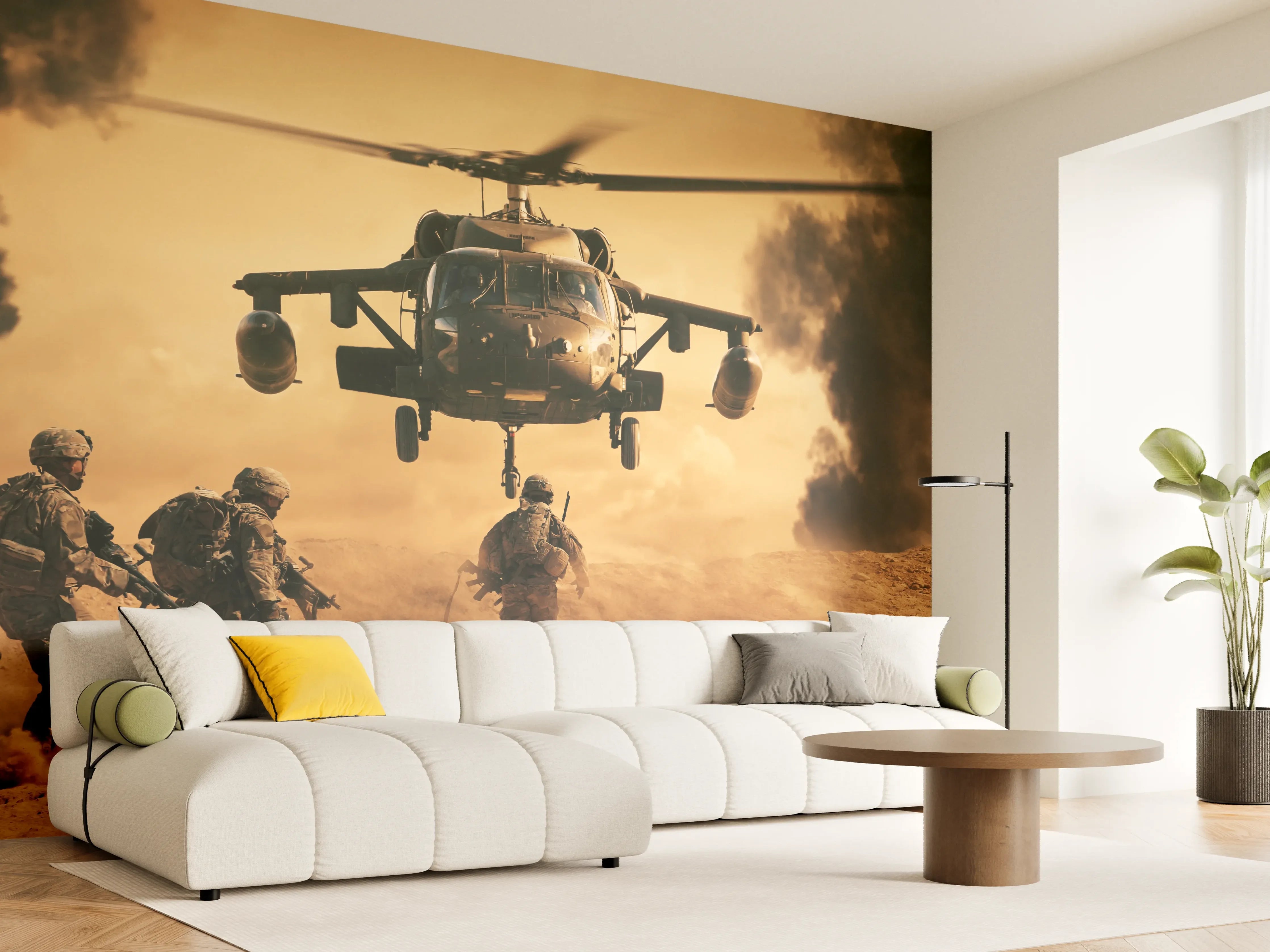 Wandverkleidung Wohnzimmer - Soldaten rennen auf dem Schlachtfeld zum Hubschrauber