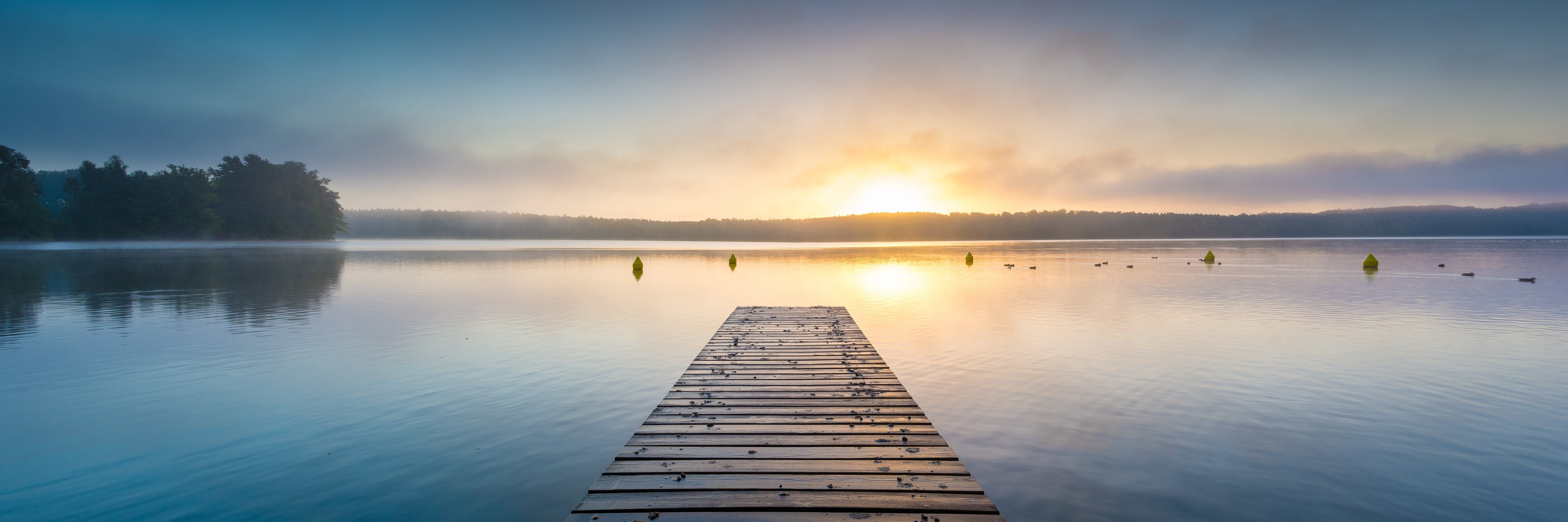 Wandverkleidung Wohnzimmer-Sonnenaufgang am See mit Nebel