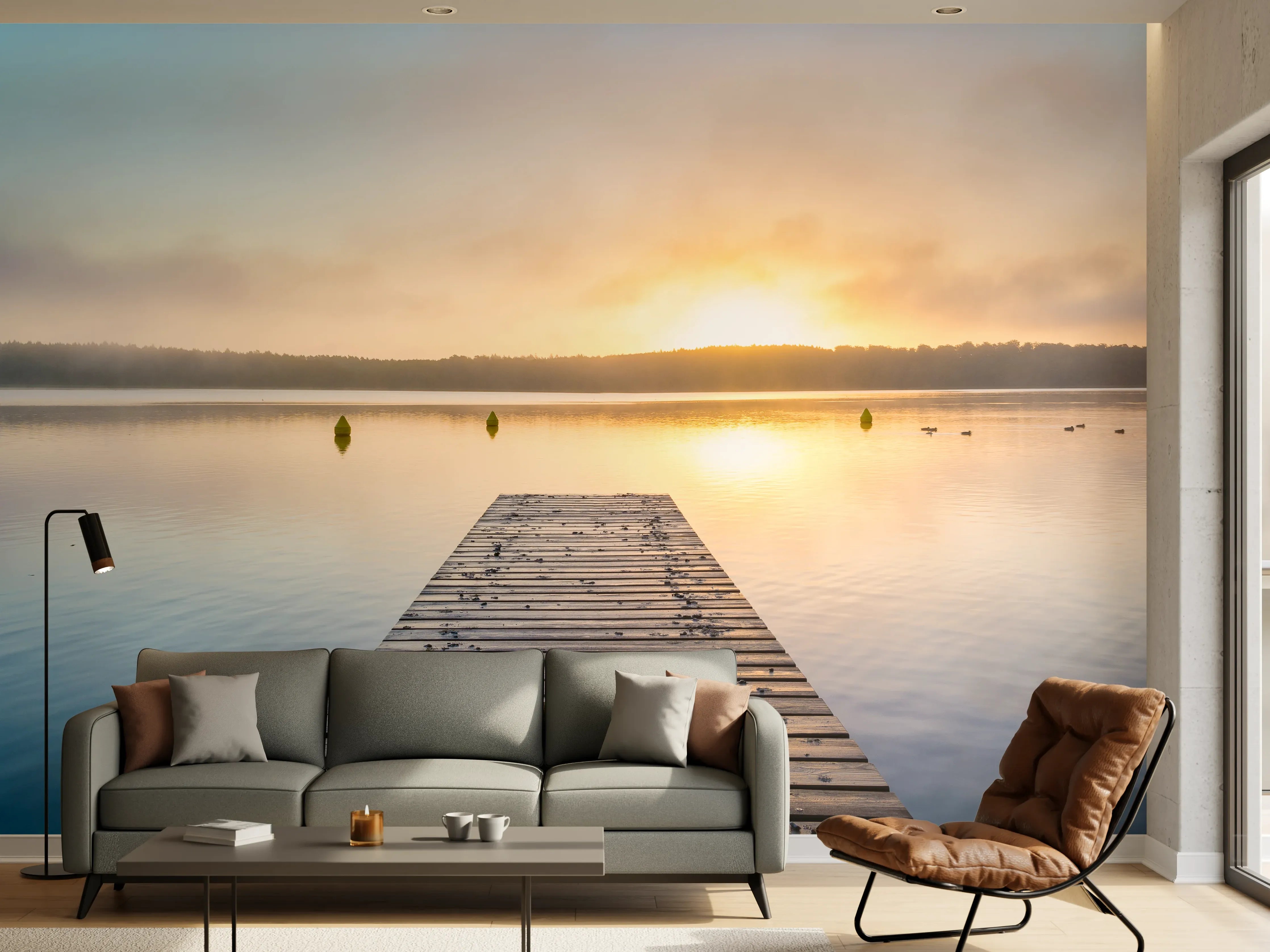Wandverkleidung Wohnzimmer - Sonnenaufgang am See mit Nebel